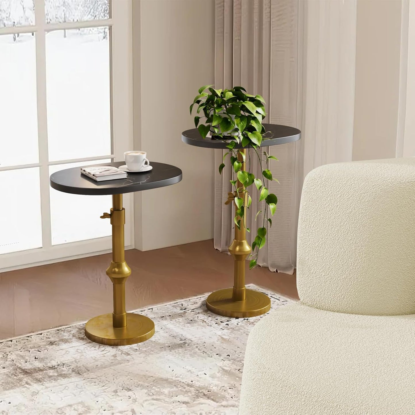 Adjustable Side Table with Antique Brass Stand Base