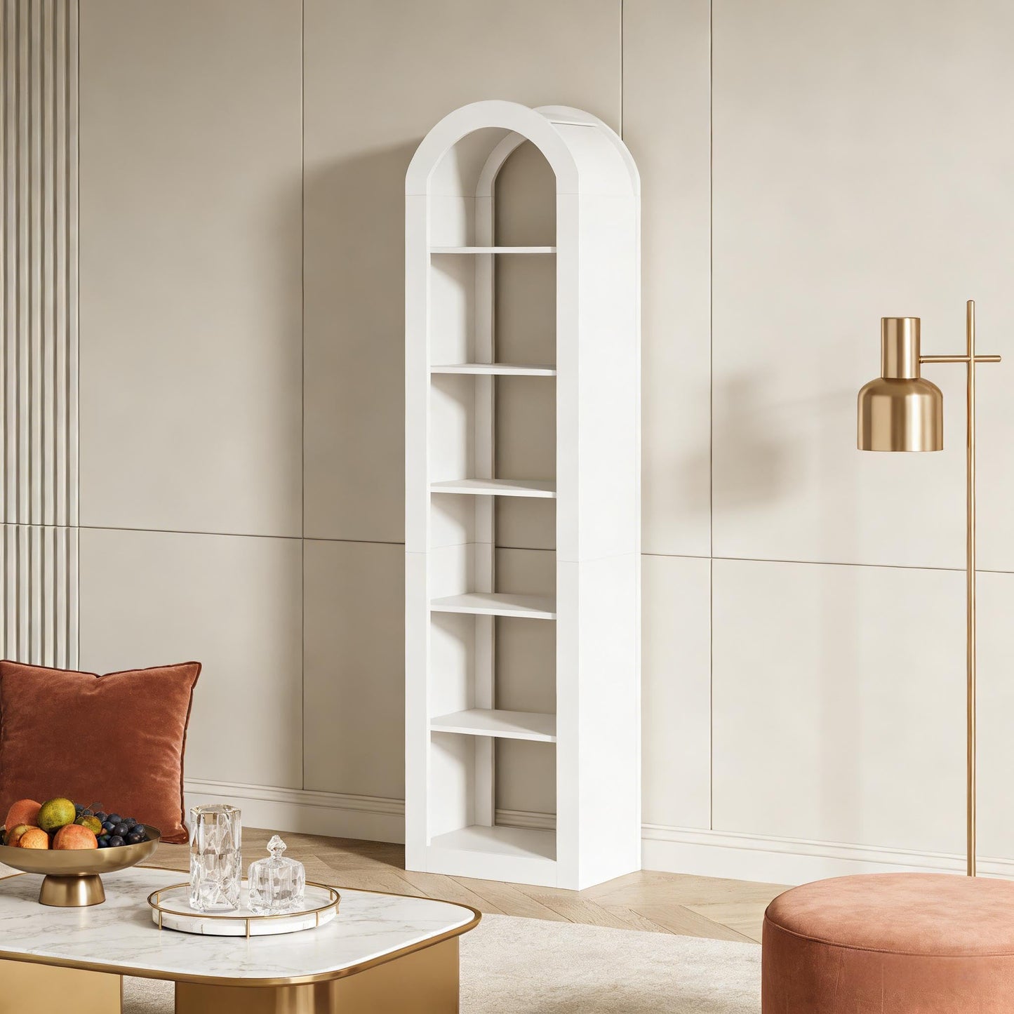 Arched 8 Tier Tall Bookshelf with Wood Back Panel