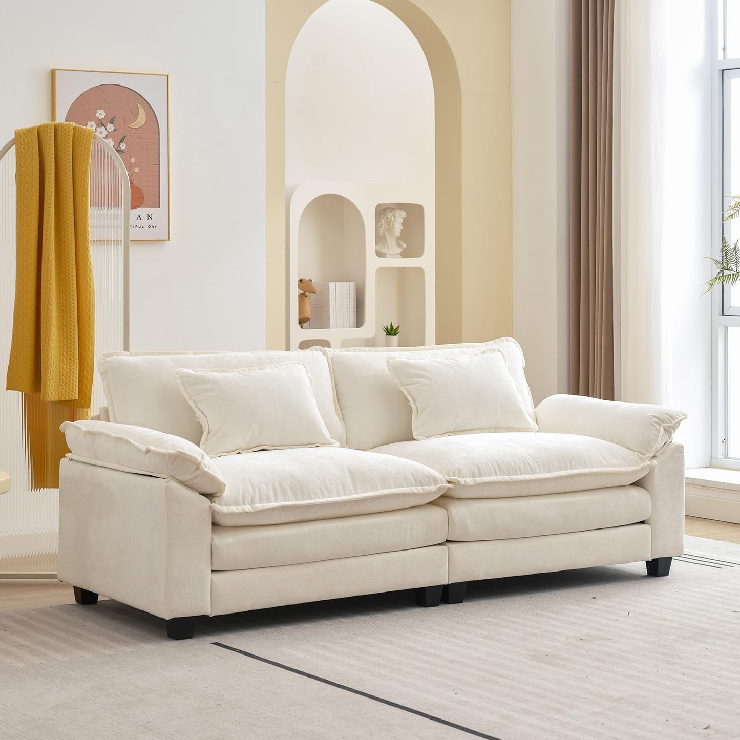 120" Modular Sectional Sofa, Comfy Cloud Couch Sectional Sofa with Ottoman, Chenille Sofa Sleeper Deep Seat Sofa with Throw Pillows for Living Room (Beige White, 120"- U Shape)