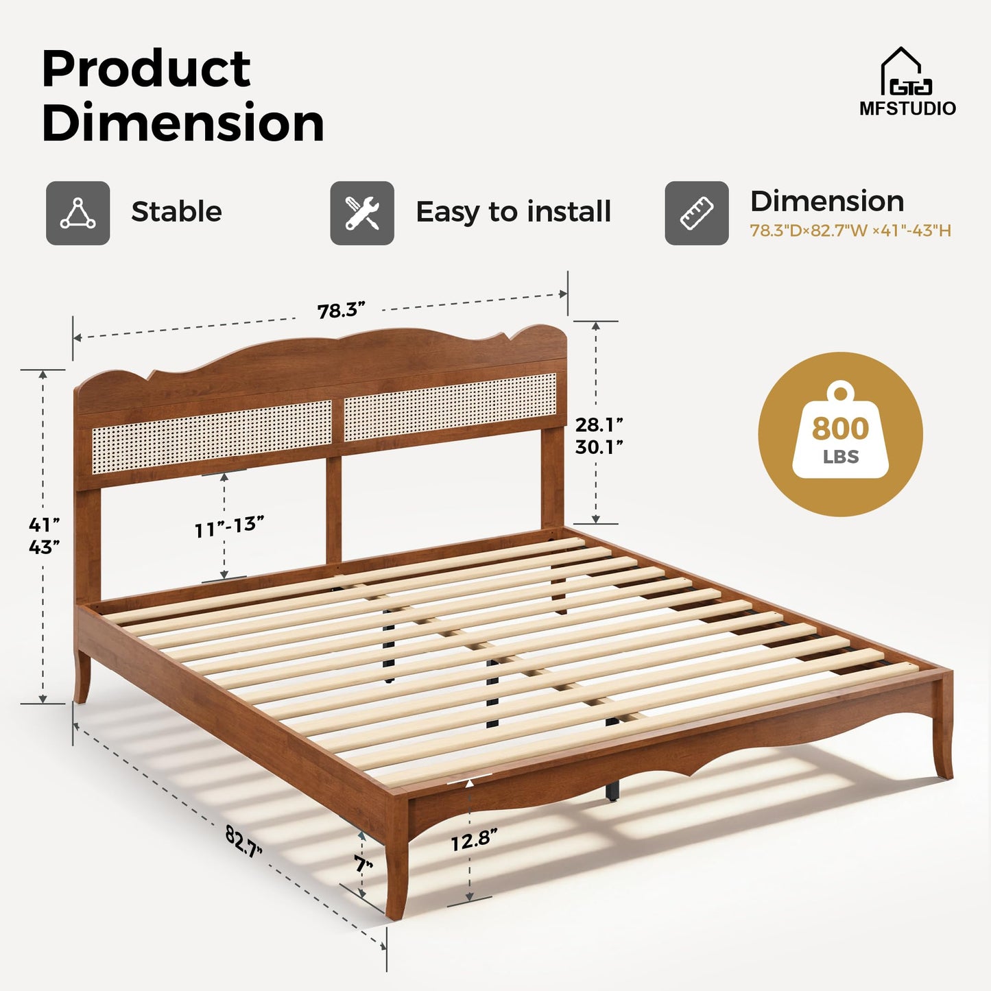 King Wood Bed Frame with Rattan Headboard