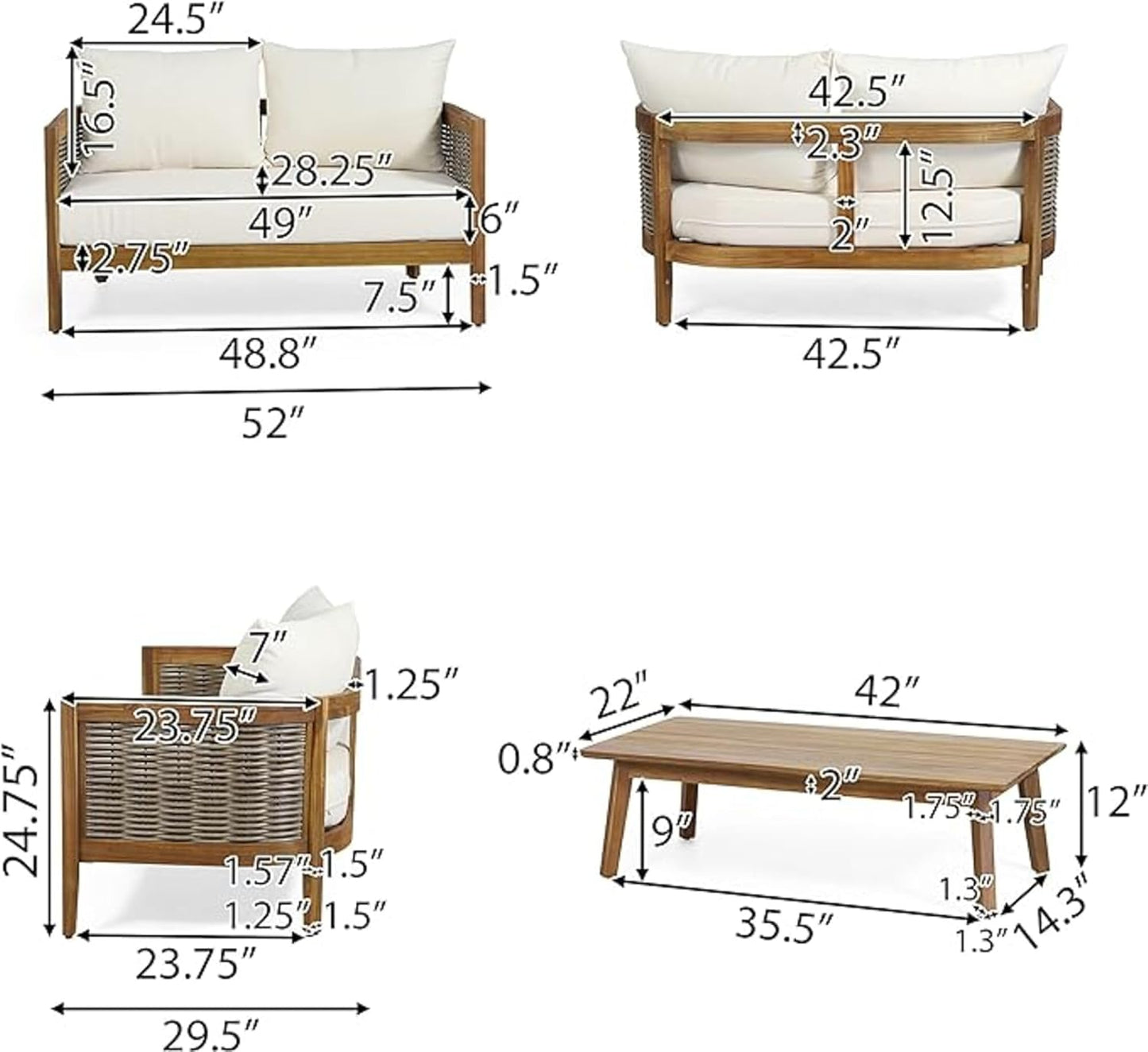 Merax 5-Piece Outdoor Acacia Wood Wicker Conversation Set with 3 Seater Sofa,Loveseat,2 Chairs and Coffetable for Backyard