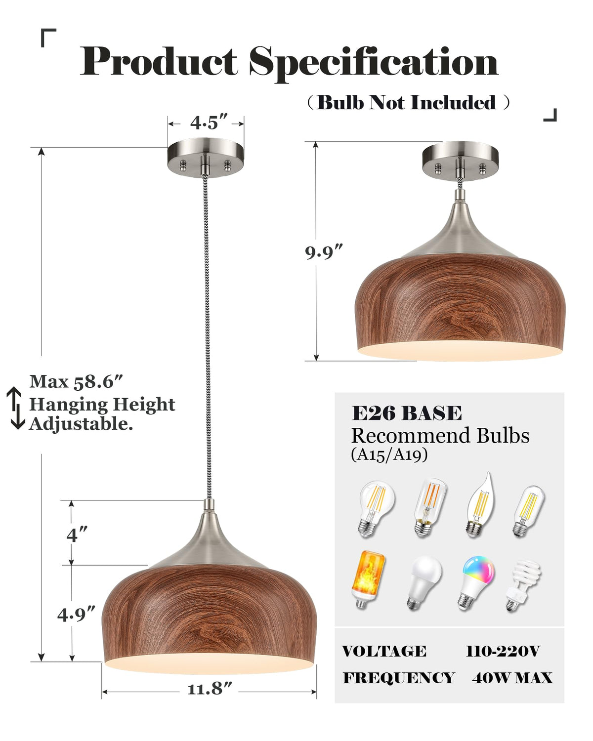 Modern Walnut Wooden Pendant Dome Light