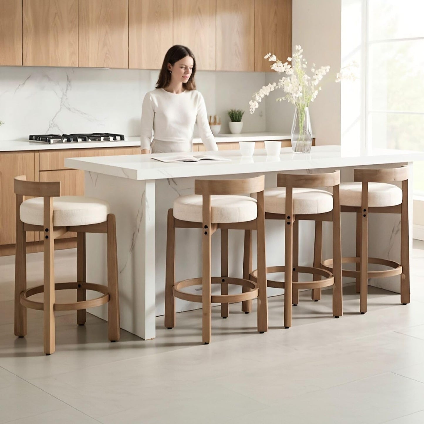 LukeAlon Mid Century Linen Counter Stools Set of 3, Upholstered 26.5" Seat Height Low Barstools with Natural Wood Legs Round Low Back Kitchen Stools with Footrest for Dining Room, Beige
