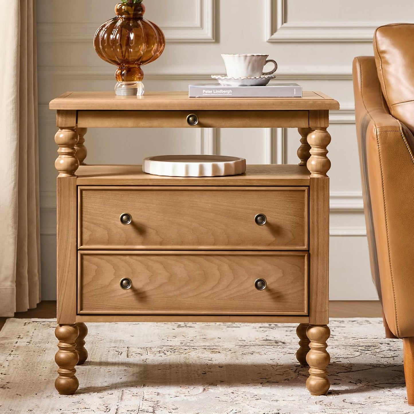 26" End Table with Charging Station and Transitional 2 Drawer Wood
