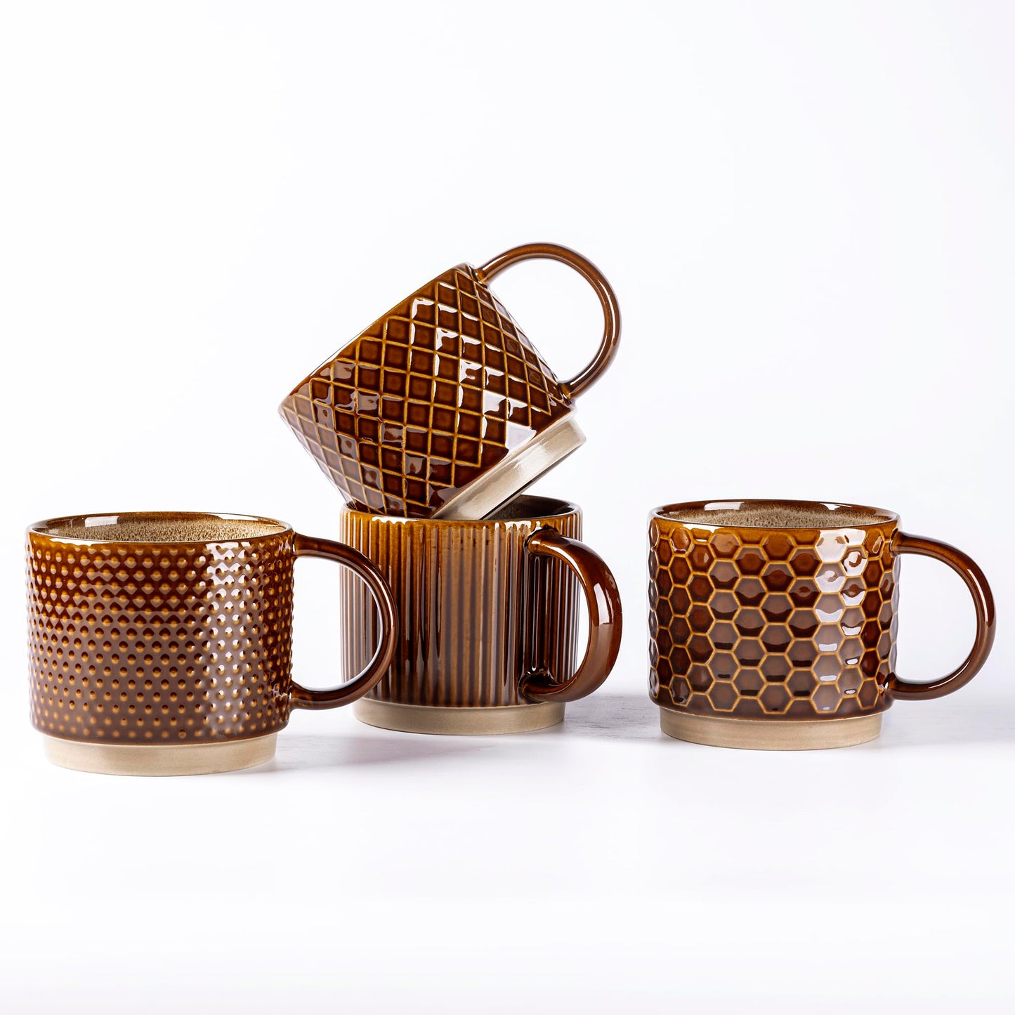 GBhome 12OZ Stackable Coffee Mugs, Ceramic Coffee Mugs with Texture Patterns for Man,Woman,Dad,Mom, Modern Coffee Mugs Set of 4 for Latte/Cappuccino/Cocoa. Dishwasher&Microwave Safe, Pale Khaki