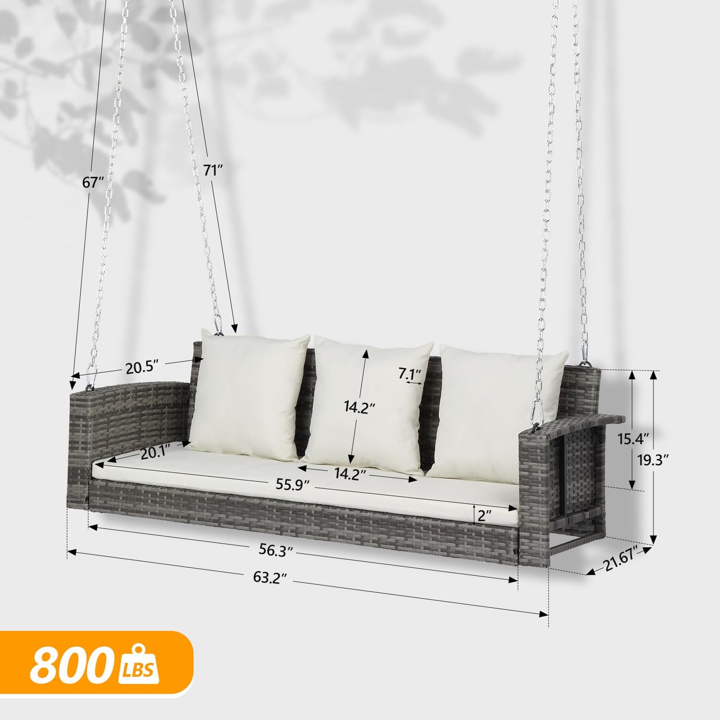 VINGLI 2.4 FT 1-Person Use Round Rattan Porch Swing Outdoor Support 440 LBS with Cushions & Adjustable Chains, Patio Wicker Swing Bench Chair for Garden, Yard, Lawn, Tree, Brown