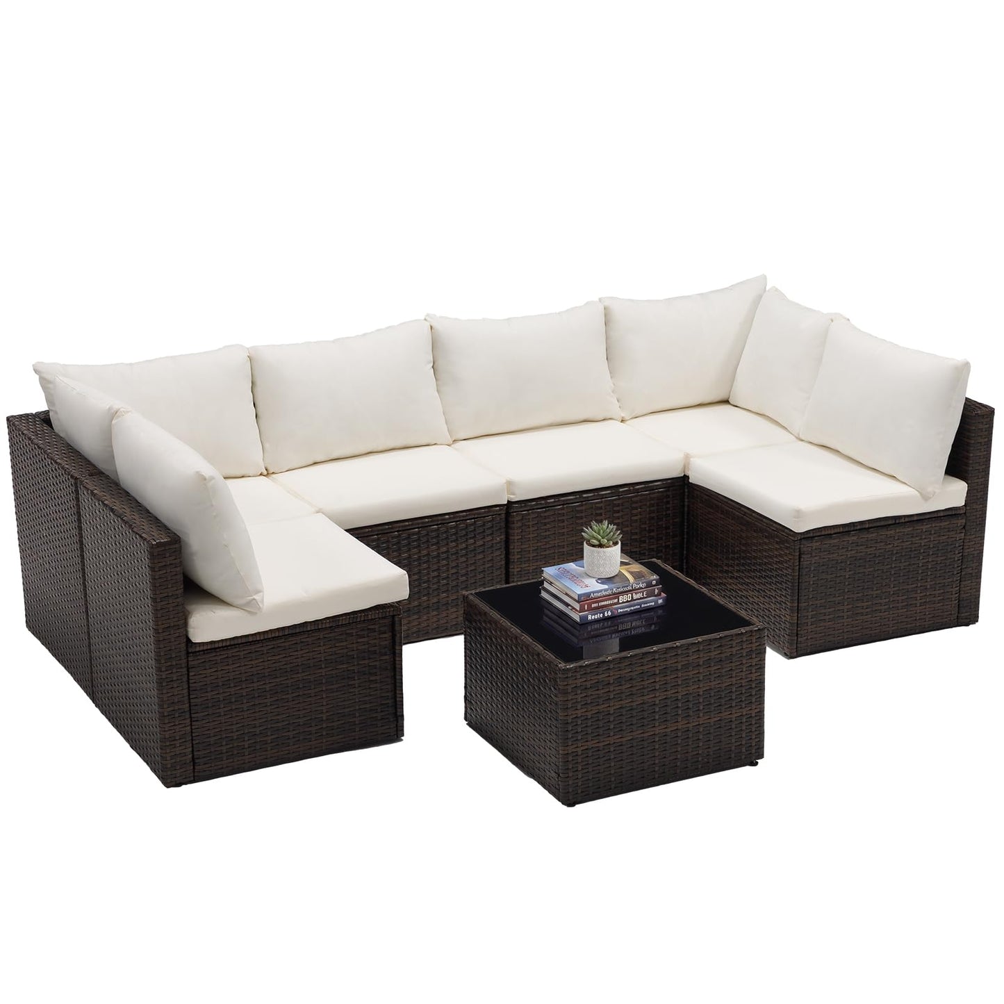 Sweetcrispy 7-Piece Outdoor Patio Sectional Sofa, Modular PE Wicker Outdoor Sectional with Thick Cushions, Rattan Patio Sofa Set with Coffee Table for Backyard, Poolside, Garden, Deck, Brown