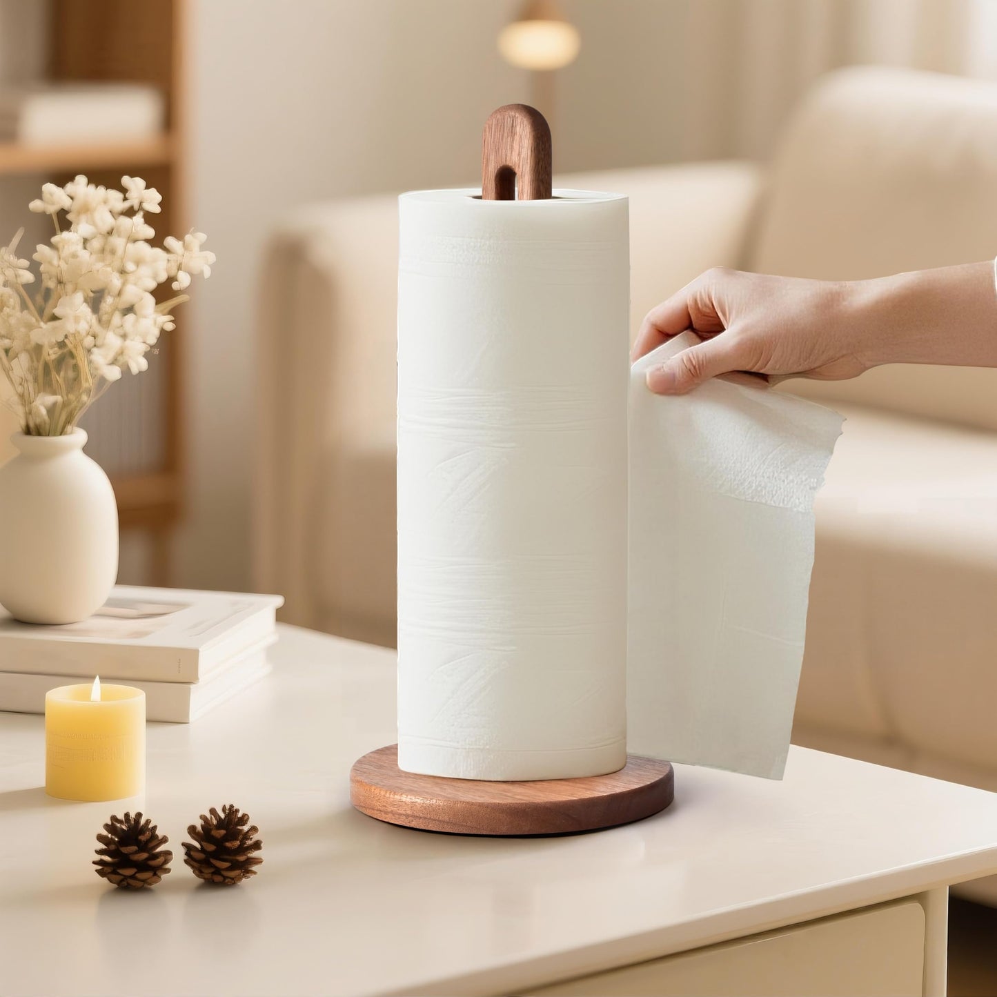 KitchLife Acacia Wooden Paper Towel Holder Countertop, 6.5" Jumbo Base, Fits Jumbo Rolls, Large Freestanding Dark Wood Paper Towel Stand Upgraded Dispenser Organizer with Non-Slip Base