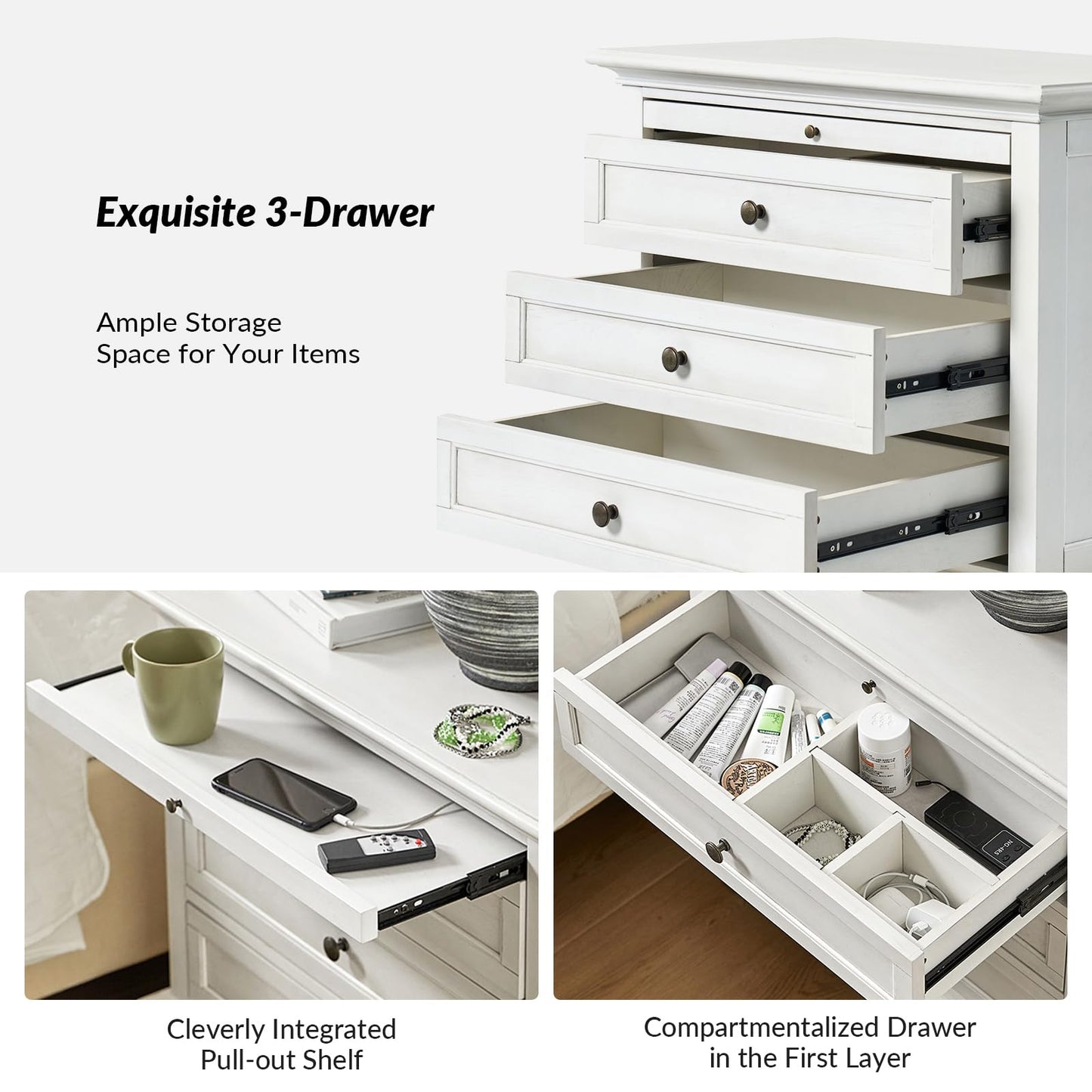 Solid Wood 3 Drawer End Table with Tray