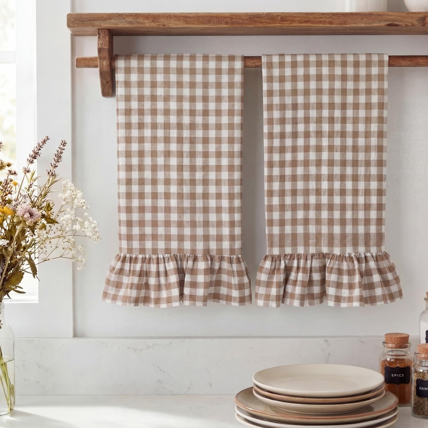 HunnmingRe Taupe Kitchen Towels Set of 2, 100% Cotton Ruffled Gingham Dish Towels 18"x28" Tea Cloths Classic Plaid Pattern for Farmhouse Charm, Drying Dishes, Entertaining Guests