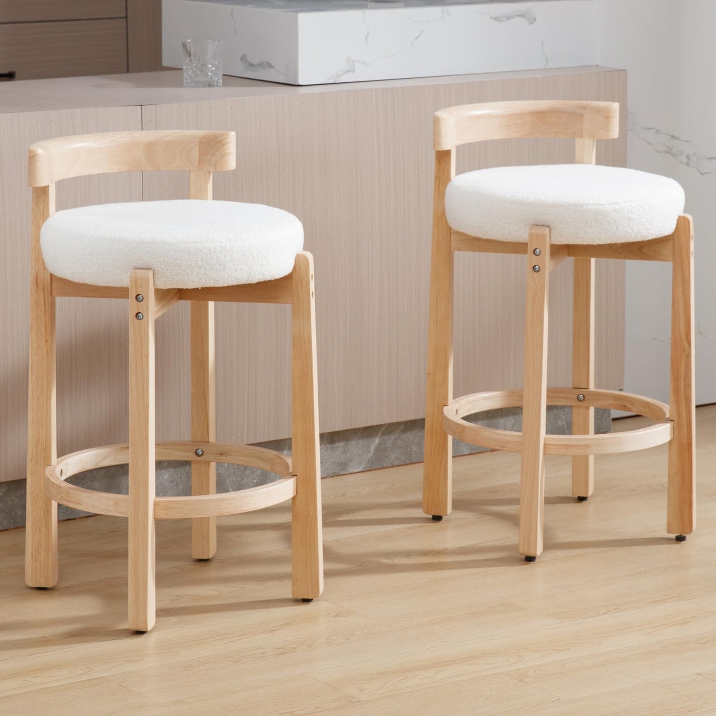 LukeAlon Mid Century Linen Counter Stools Set of 3, Upholstered 26.5" Seat Height Low Barstools with Natural Wood Legs Round Low Back Kitchen Stools with Footrest for Dining Room, Beige
