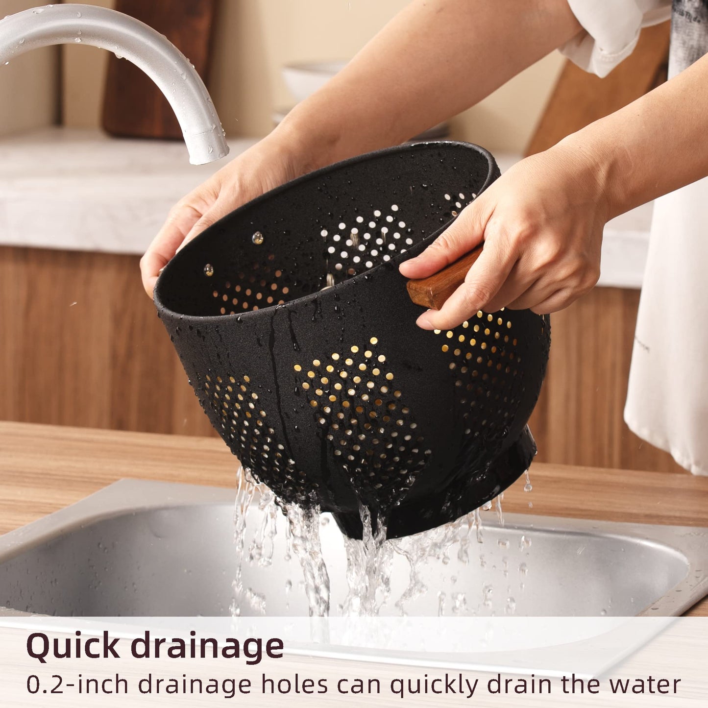Metal Colander with Wood Handle and Stable Base, Powder Coated Steel Kitchen Strainer Basket for Draining Pasta, Vegetable and fruit(7quart,Sandyellow)