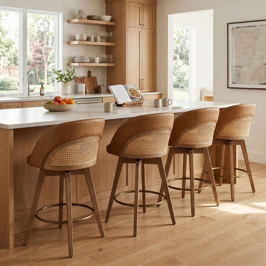 26" Swivel Bar Stools with Rattan Backrest Set of 4