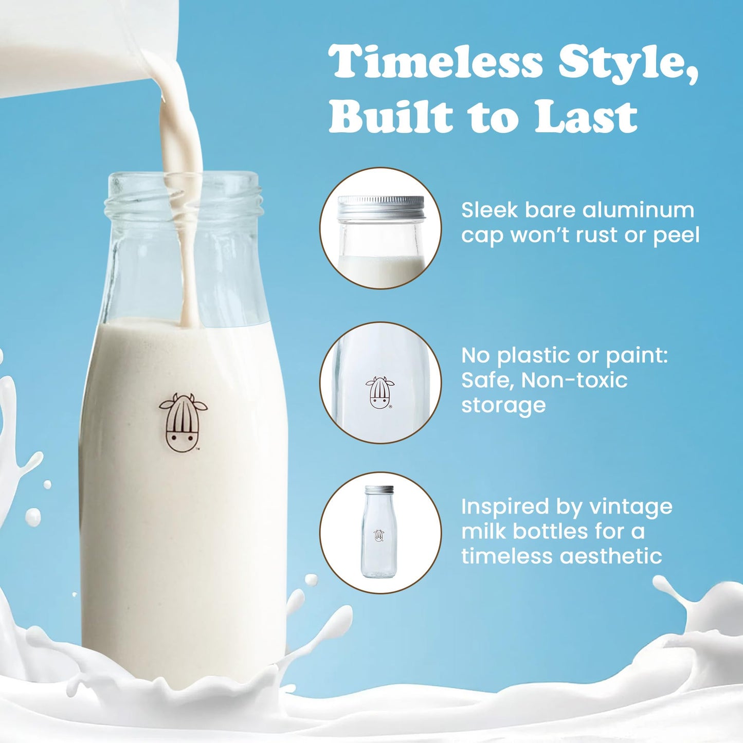 Almond Cow - Glass Pitcher with Lid and Spout, Glass Bottle Milk Container for Refrigerator, Clear Milk Jar Bottles, Food-Grade Liquid Container - 60 fl oz Capacity, 5 x 4 x 10 Inches
