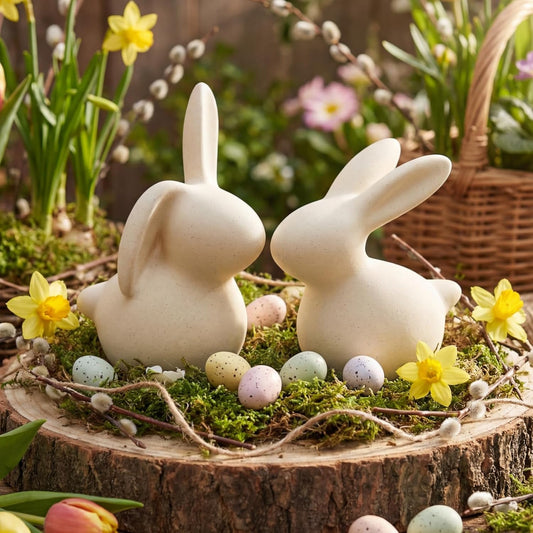 2 Pcs Handmade Terracotta Easter Bunny Figurines Rustic Rabbit Figurine Decor Small 3 Inch Vintage Easter Bunny Statue for Spring Farmhouse Home Office Table Centerpiece Decorations