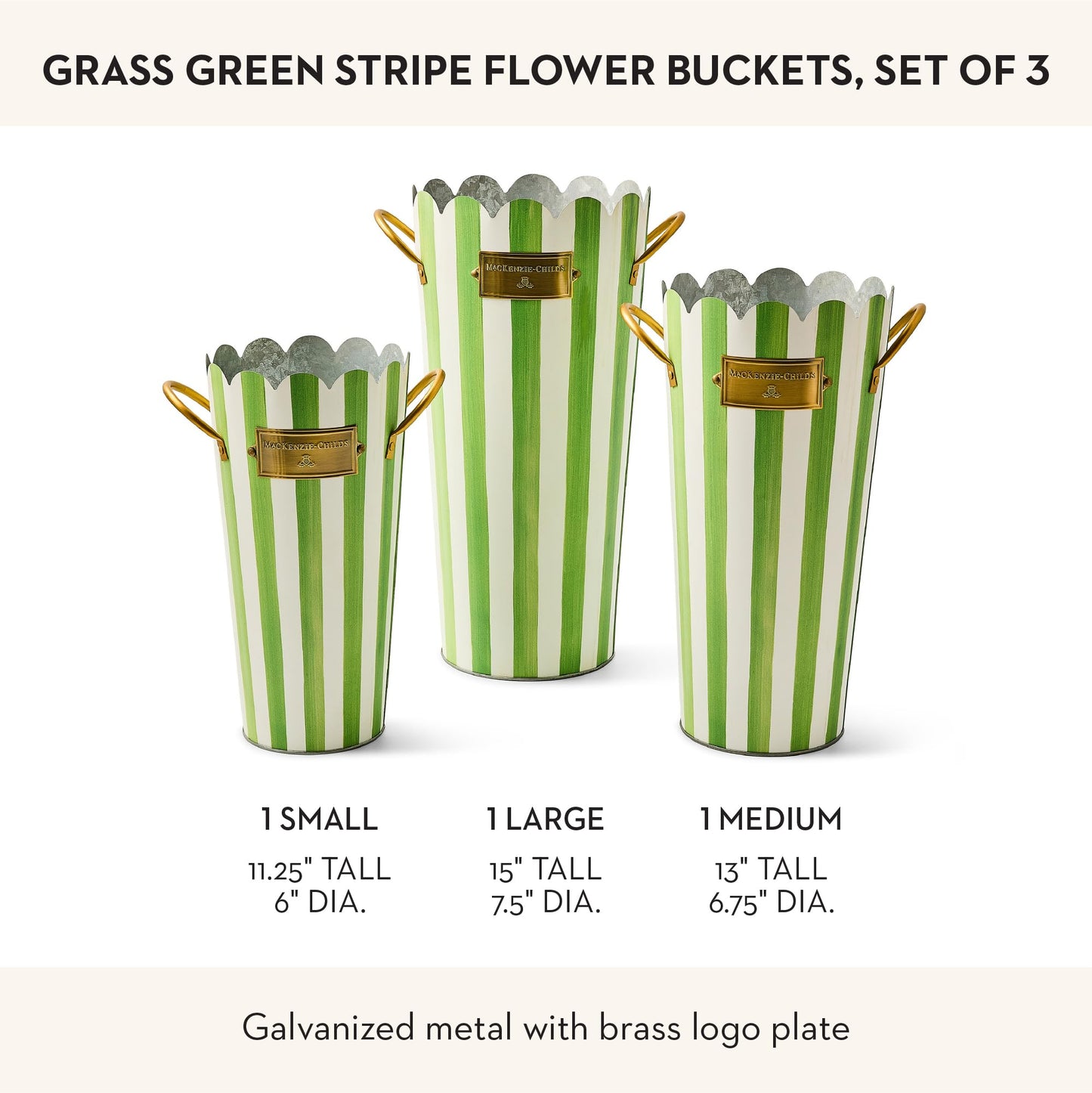 MACKENZIE-CHILDS Set of 3 Galvanized Flower Buckets, Decorative Metal Buckets, Black-and-White Courtly Stripe
