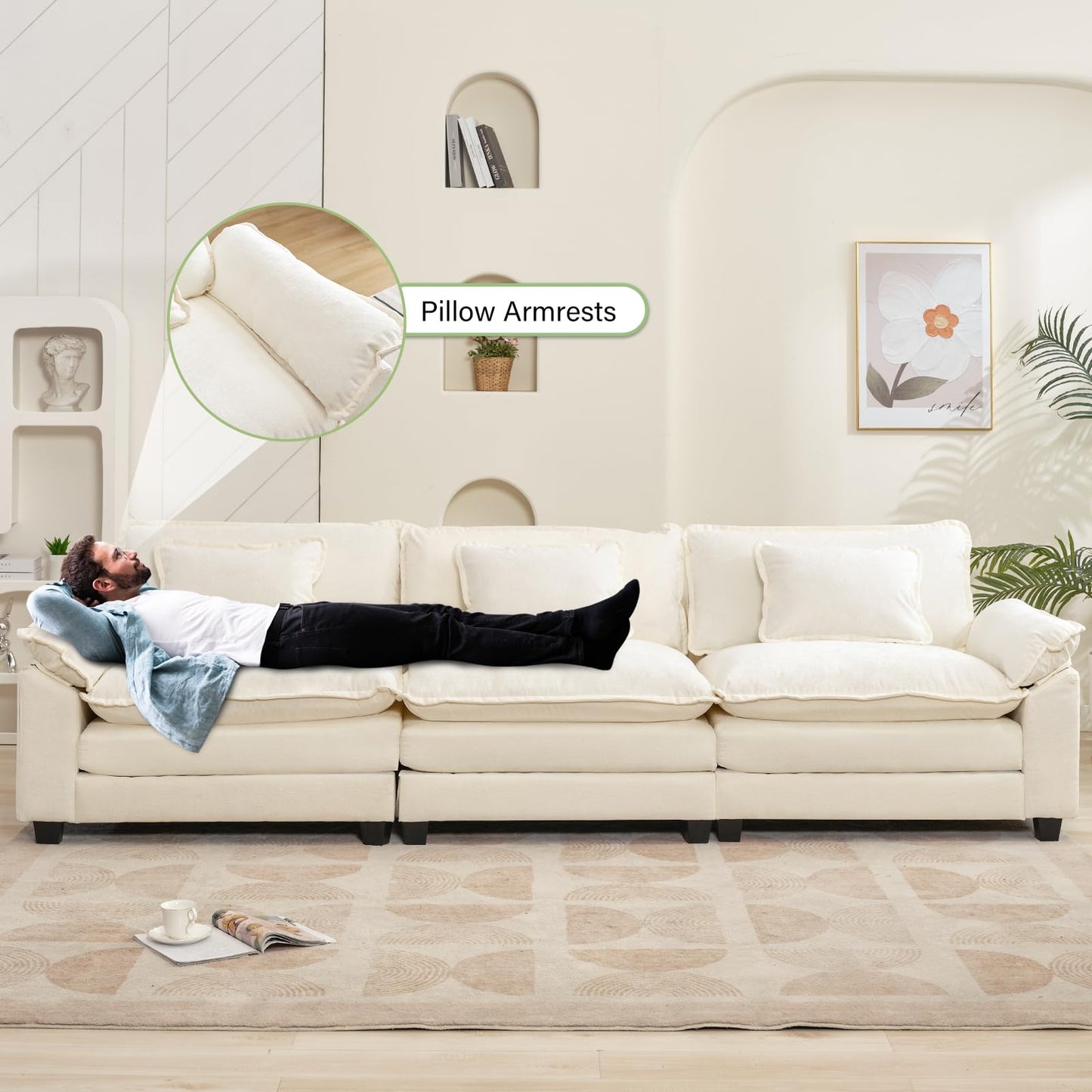 120" Modular Sectional Sofa, Comfy Cloud Couch Sectional Sofa with Ottoman, Chenille Sofa Sleeper Deep Seat Sofa with Throw Pillows for Living Room (Beige White, 120"- U Shape)