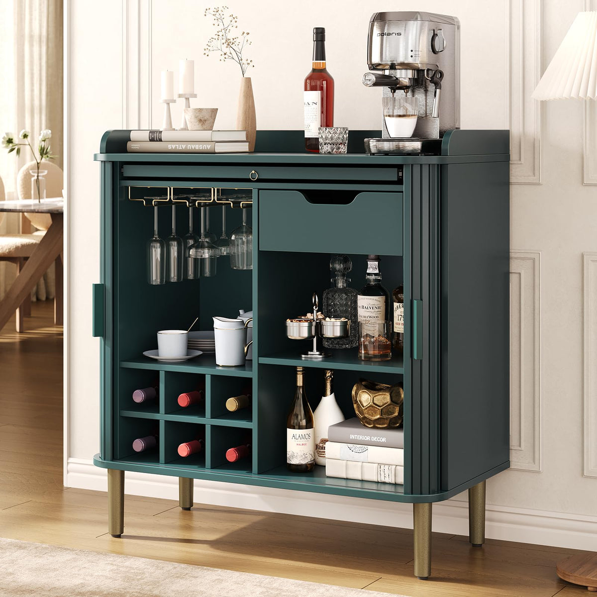 33" H Fluted Bar Cabinet with Storage, Wine Cabinet