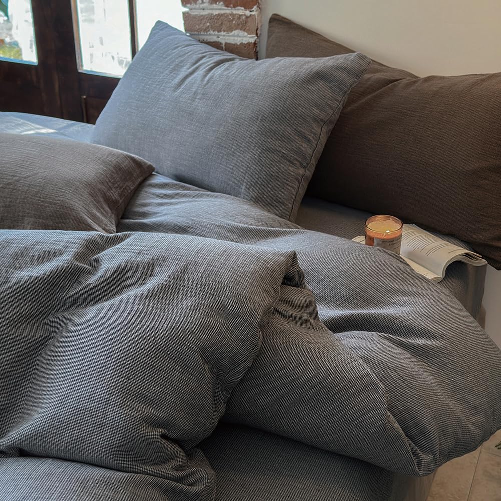 NSNLGSGC 100% Muslin Cotton Houndstooth Duvet Cover King Size, 2-Layer Small Checked Lightweight and Breathable Muslin Bedding, Linen Like Gauze Comforter Cover Set (Mocha Houndstooth, King)