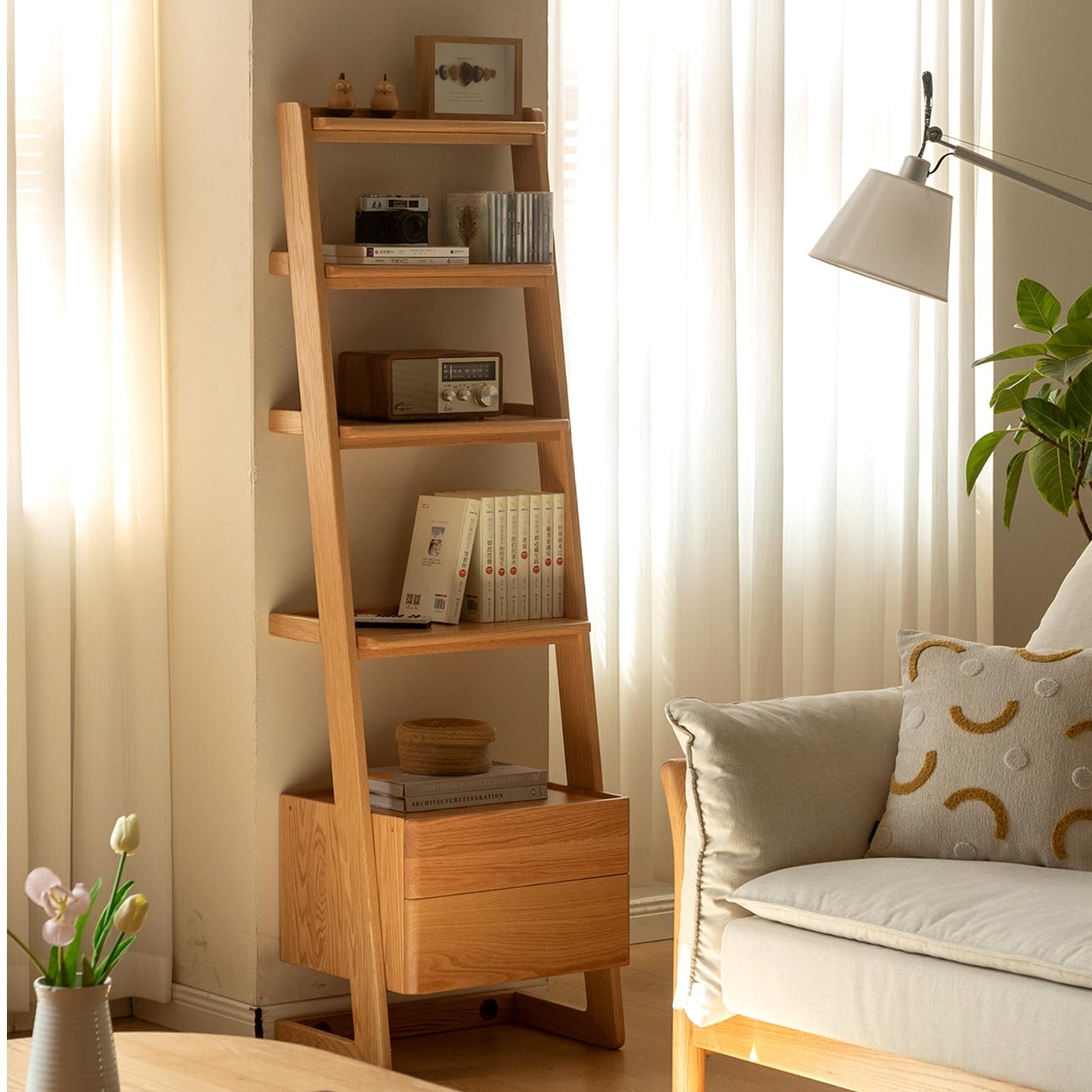 Solid Oak 3 Tier Ladder Bookshelf