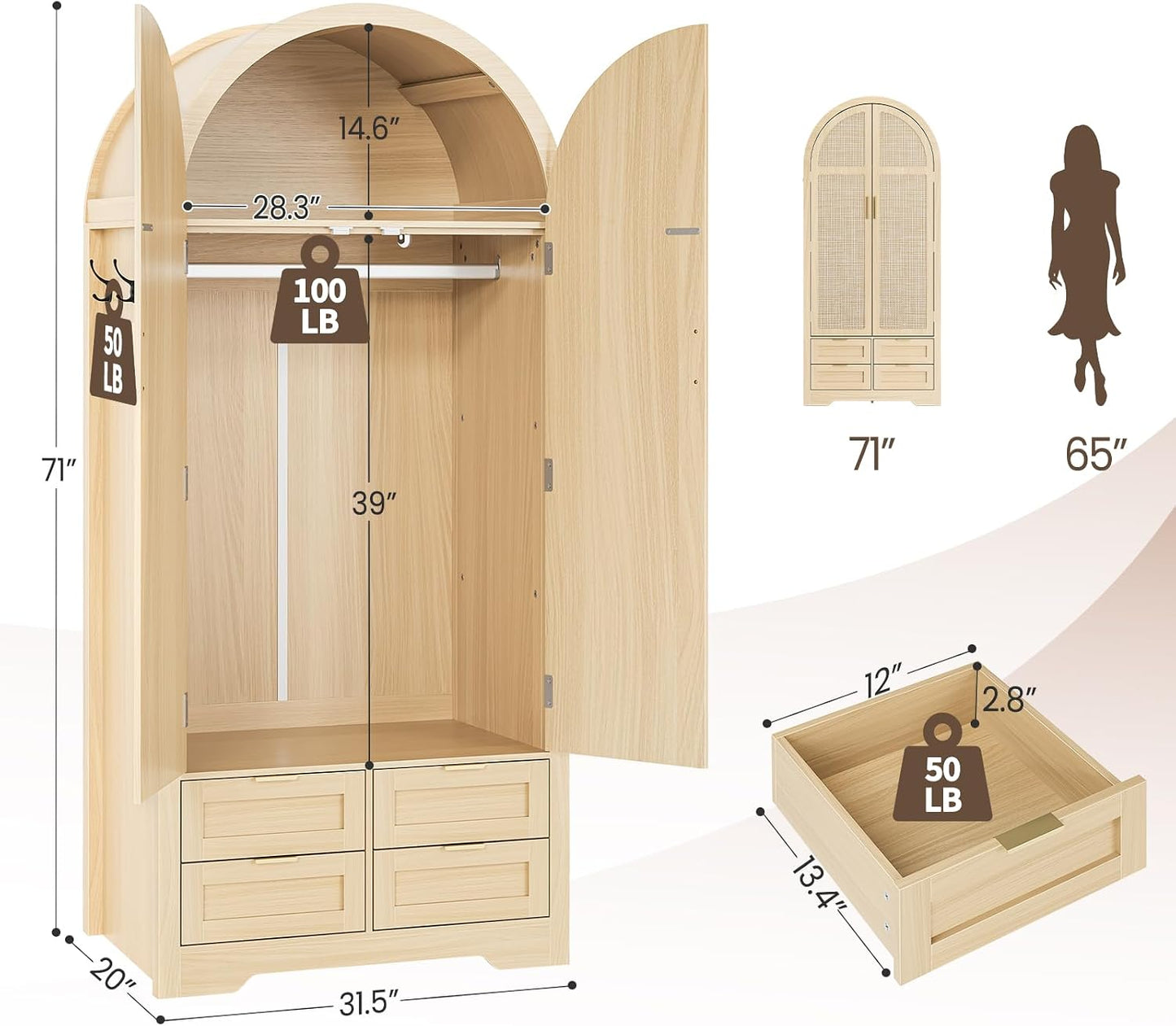 Armoire Wardrobe Closet with 4 Drawers