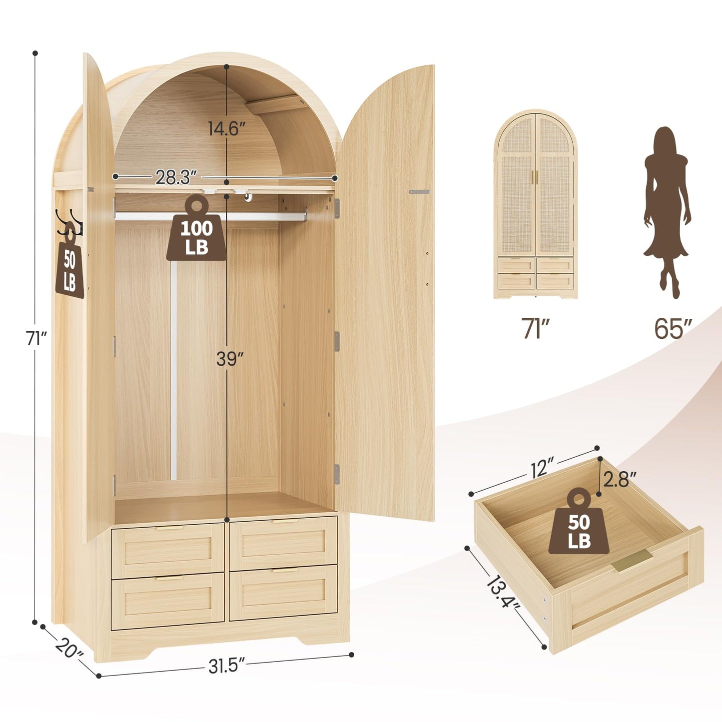Armoire Wardrobe Closet with 4 Drawers