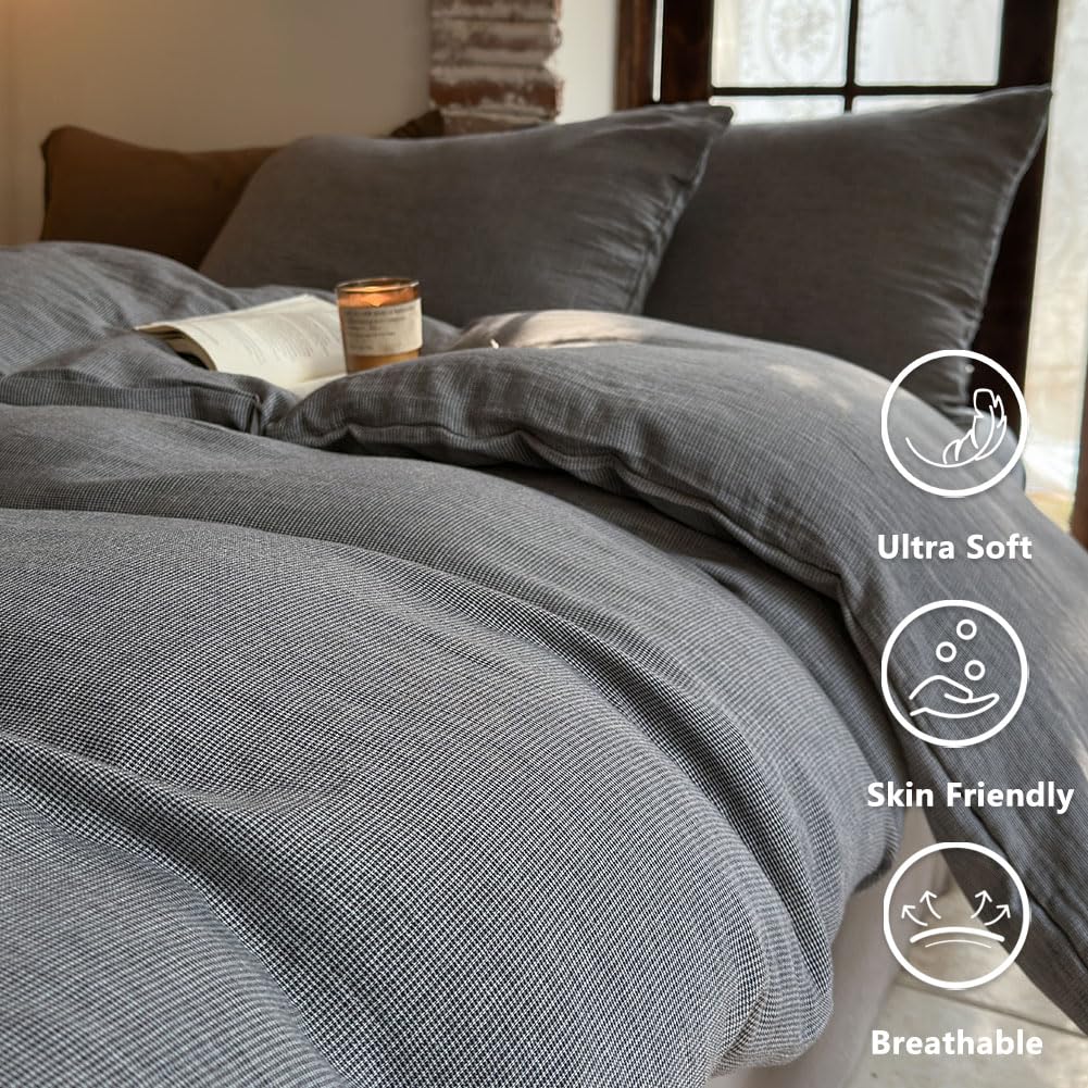 NSNLGSGC 100% Muslin Cotton Houndstooth Duvet Cover King Size, 2-Layer Small Checked Lightweight and Breathable Muslin Bedding, Linen Like Gauze Comforter Cover Set (Mocha Houndstooth, King)