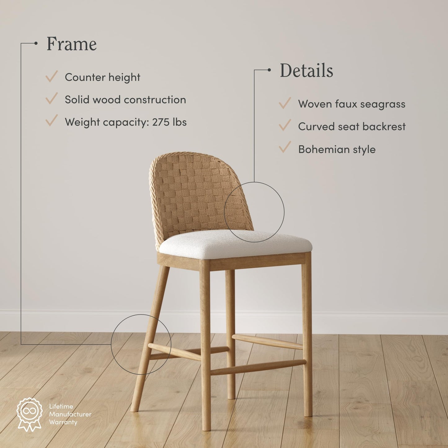 Nathan James Rikki Seagrass Bar Stool with Back, 2-Pack Boucle Counter Stool with Upholstered Seat, Solid Wood Frame, and Woven Seagrass Backrest