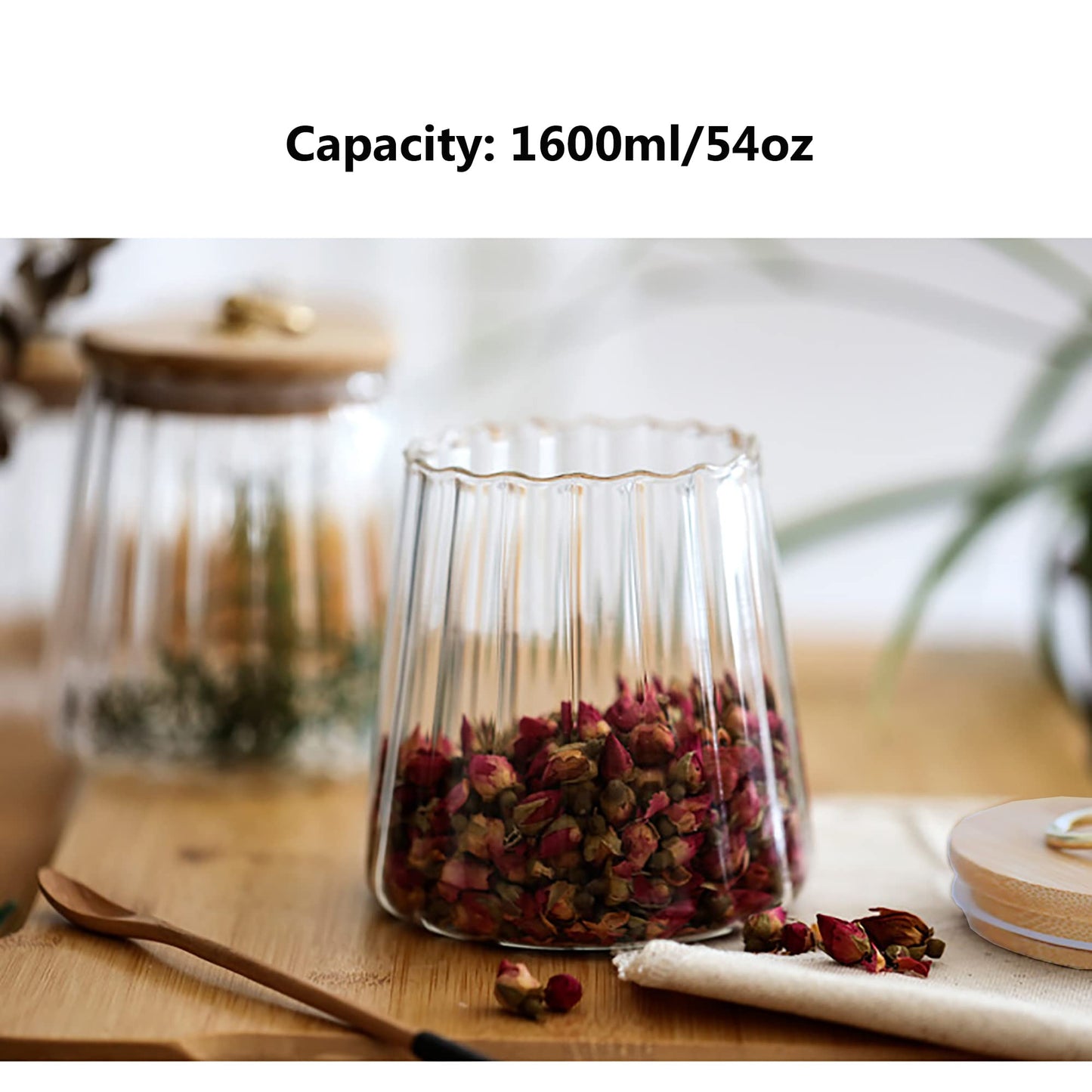 FANTESTICRYAN Glass Coffee Nuts Canister Airtight Storage Jar Petal Decorative Container with Bamboo Lid Metal Handle Easy to Grasp 700ml, 23 FL OZ