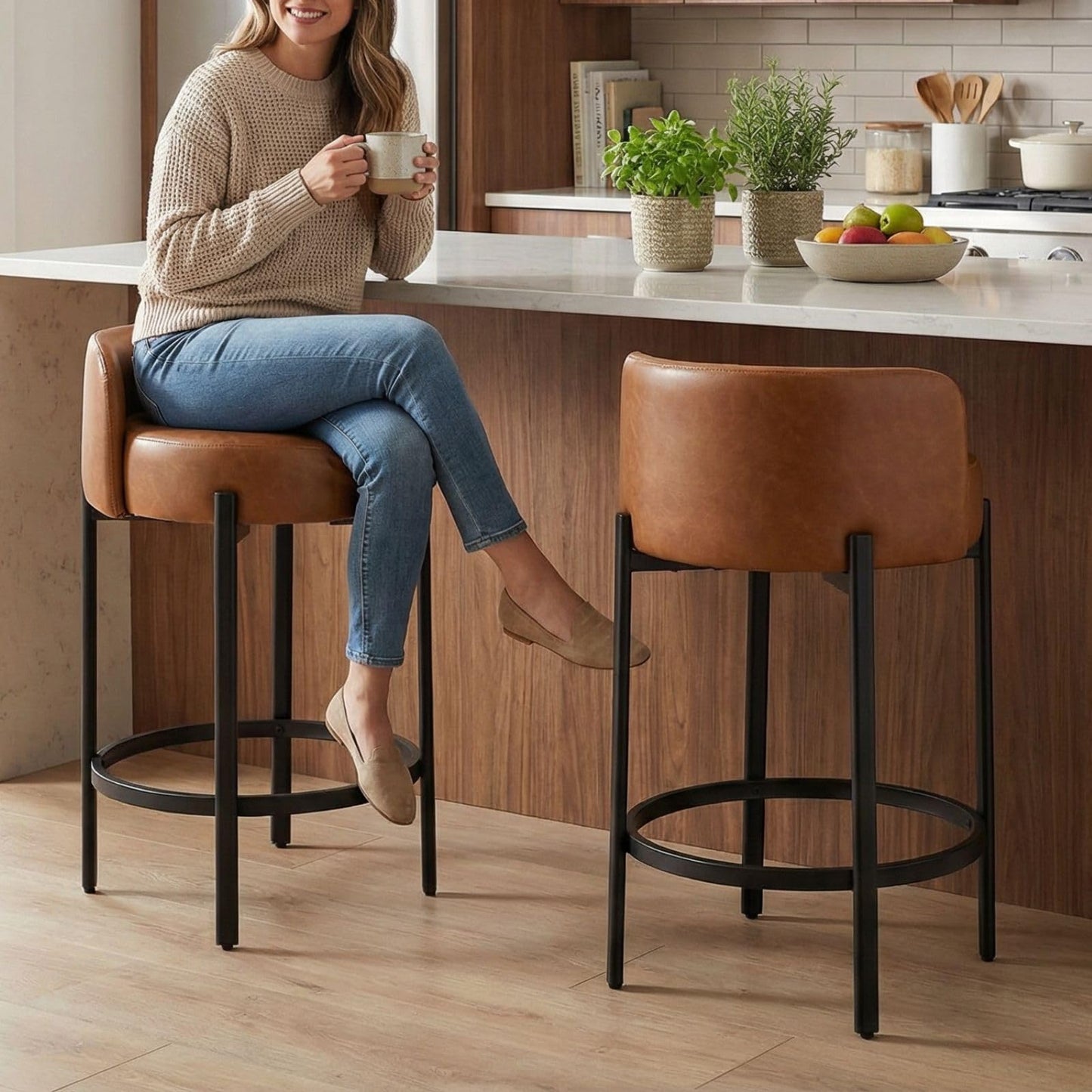 LukeAlon Mid Century Linen Counter Stools Set of 3, Upholstered 26.5" Seat Height Low Barstools with Natural Wood Legs Round Low Back Kitchen Stools with Footrest for Dining Room, Beige