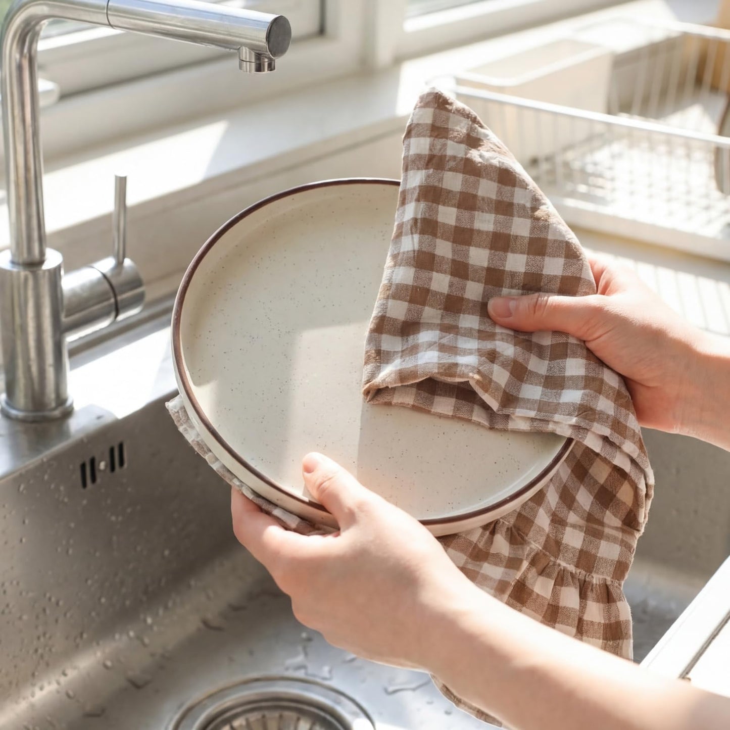HunnmingRe Taupe Kitchen Towels Set of 2, 100% Cotton Ruffled Gingham Dish Towels 18"x28" Tea Cloths Classic Plaid Pattern for Farmhouse Charm, Drying Dishes, Entertaining Guests