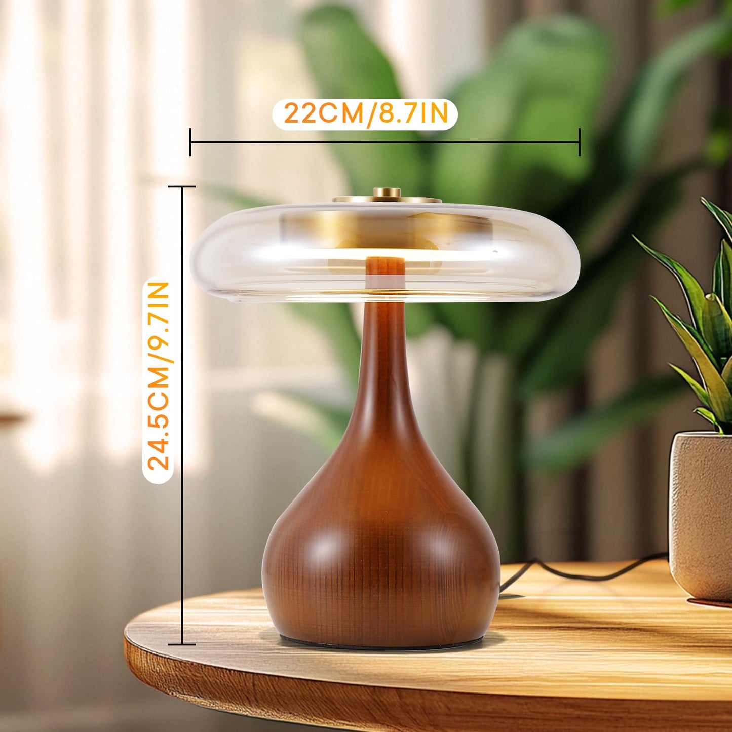 Brass Base Mushroom Table Lamp for Bedroom, Small Desk Lamp with Amber Glass Shade, LED Three Color Temperature Adjustable Brightness Modern Side Table Lighting (H 15.4 in)