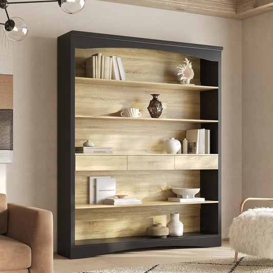 Bookcase Wall with Ladder Black & Wood Grain
