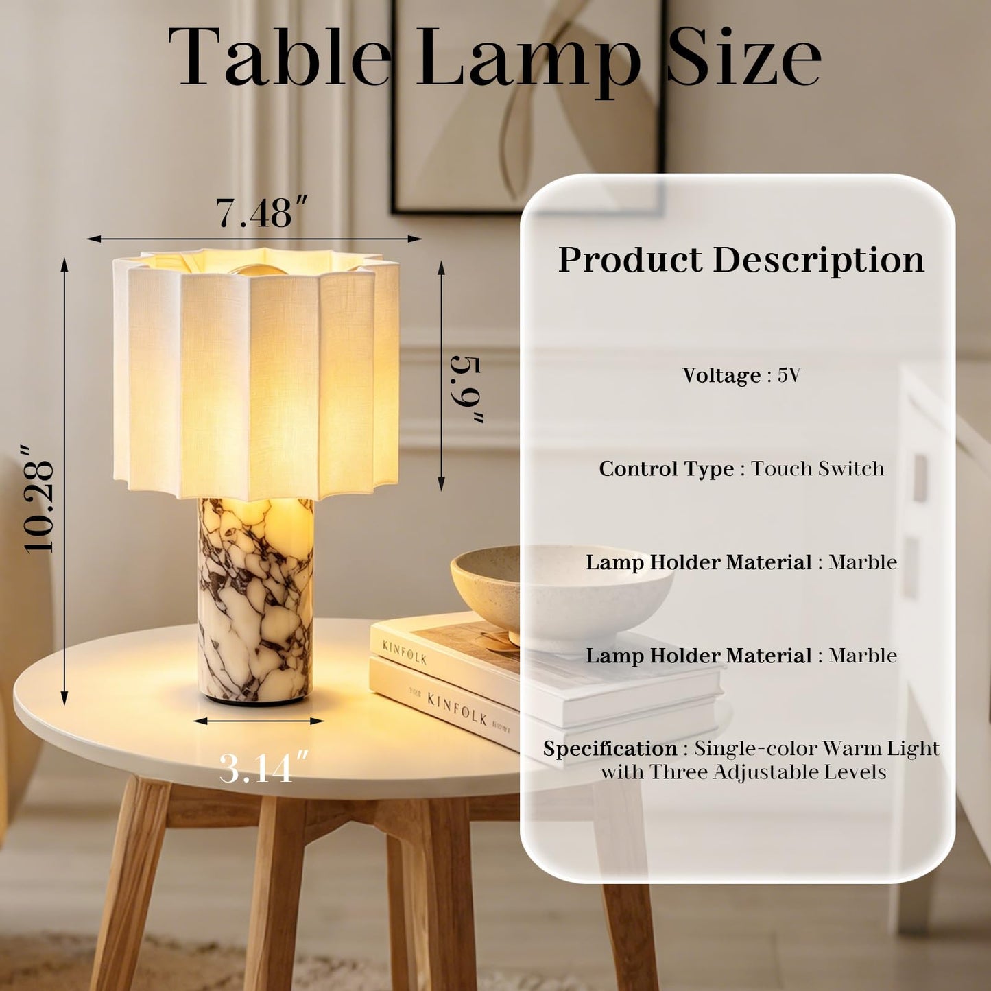 Cordless Marble Table Lamp with USB Port Rechargeable Battery