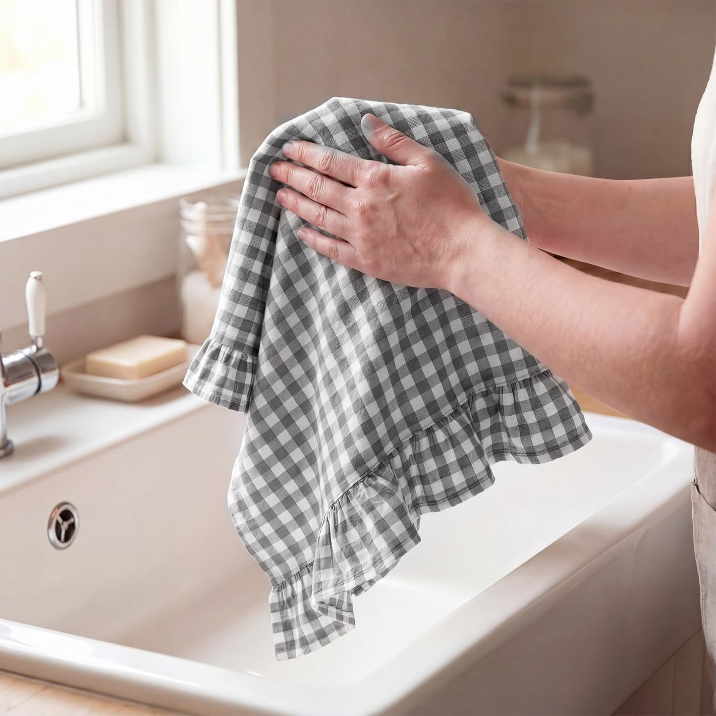 HunnmingRe Taupe Kitchen Towels Set of 2, 100% Cotton Ruffled Gingham Dish Towels 18"x28" Tea Cloths Classic Plaid Pattern for Farmhouse Charm, Drying Dishes, Entertaining Guests