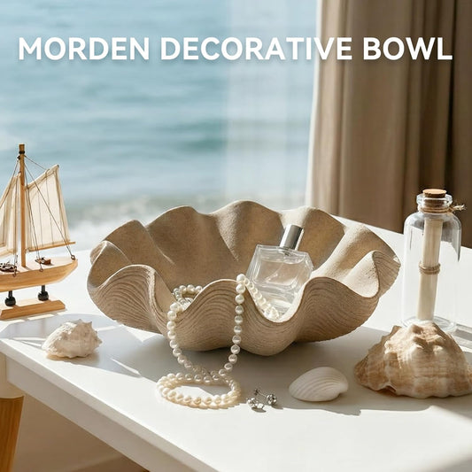 Scalloped Decorative Bowl Home Decor - 12.6" Modern Handicraft Large Shell Ruffle Decorative Fruit Bowl for Kitchen Counter, Chic Key Tray for Entryway Table, Artificial Stone Beige