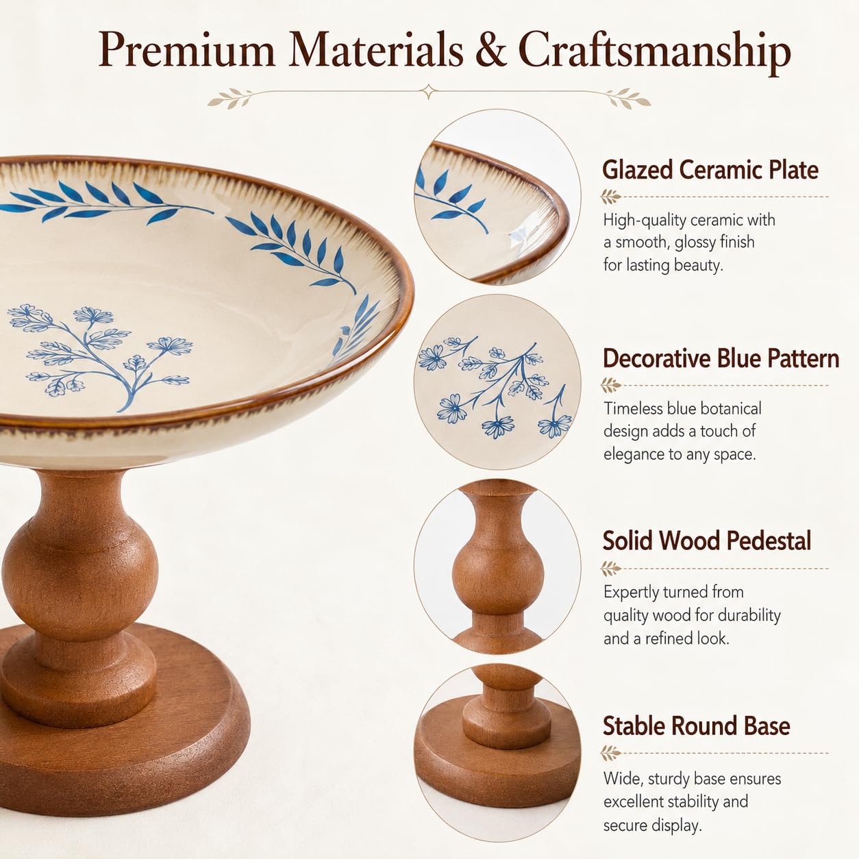 9″ Ceramic Pedestal Fruit Bowl with Removable Wooden Stand, Decorative Floral Serving Bowl for Kitchen Counter, Fruit, Desserts, Vegetables & Home Decor