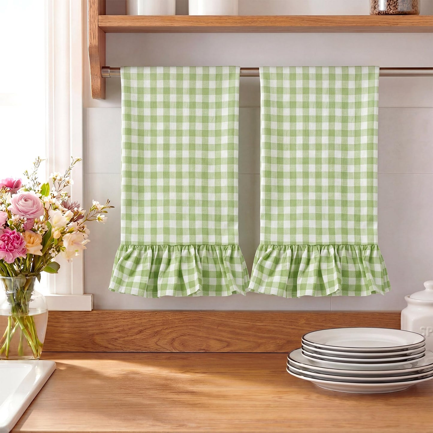 HunnmingRe Taupe Kitchen Towels Set of 2, 100% Cotton Ruffled Gingham Dish Towels 18"x28" Tea Cloths Classic Plaid Pattern for Farmhouse Charm, Drying Dishes, Entertaining Guests