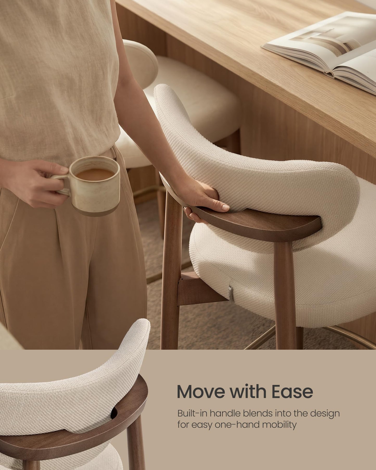 VASAGLE Wooden Bar Stools Set of 2, Upholstered Counter Height Barstools with Solid Wood Legs, Ergonomic Backrest, Mid Century Modern, for Kitchen Island, Linen-Look Fabric, Cappuccino Beige