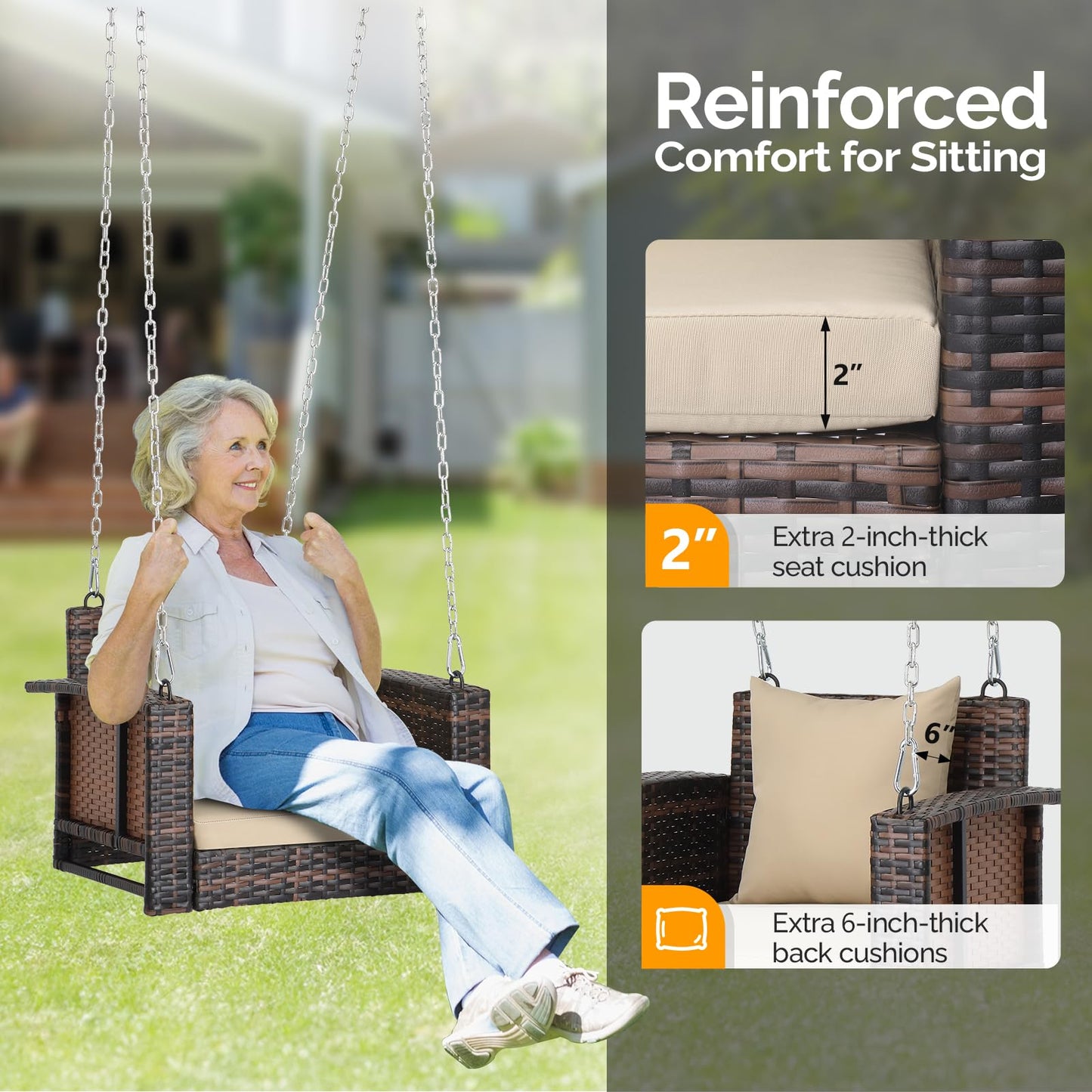 VINGLI 2.4 FT 1-Person Use Round Rattan Porch Swing Outdoor Support 440 LBS with Cushions & Adjustable Chains, Patio Wicker Swing Bench Chair for Garden, Yard, Lawn, Tree, Brown