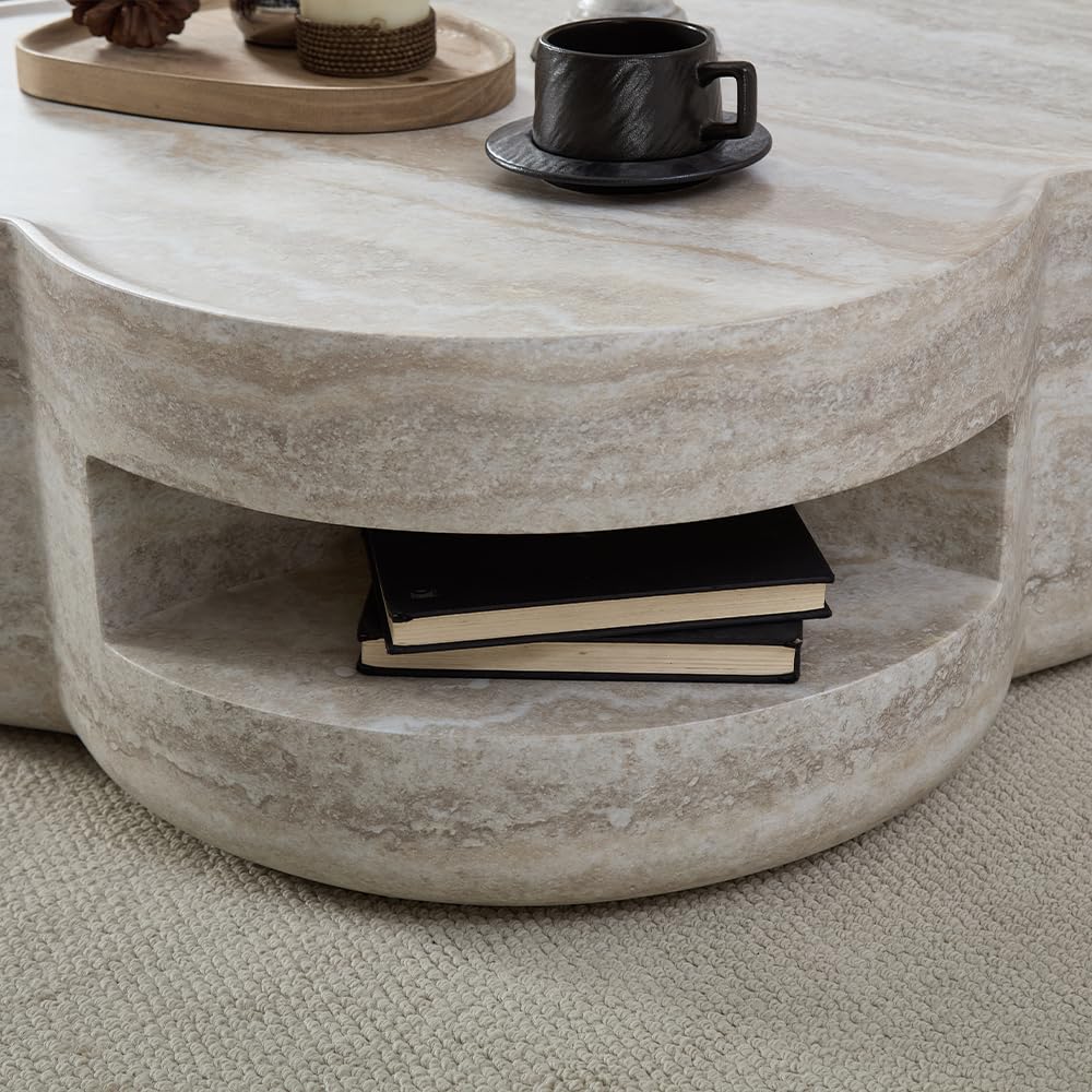 WILLIAMSPACE 43.31" Rectangle Coffee Table with Burl Wood Veneer & Sturdy Base, Modern Luxury Wood Drum Center Table End Table Accent Side Table for Living Room, Minimalist Fluted Design, Oak