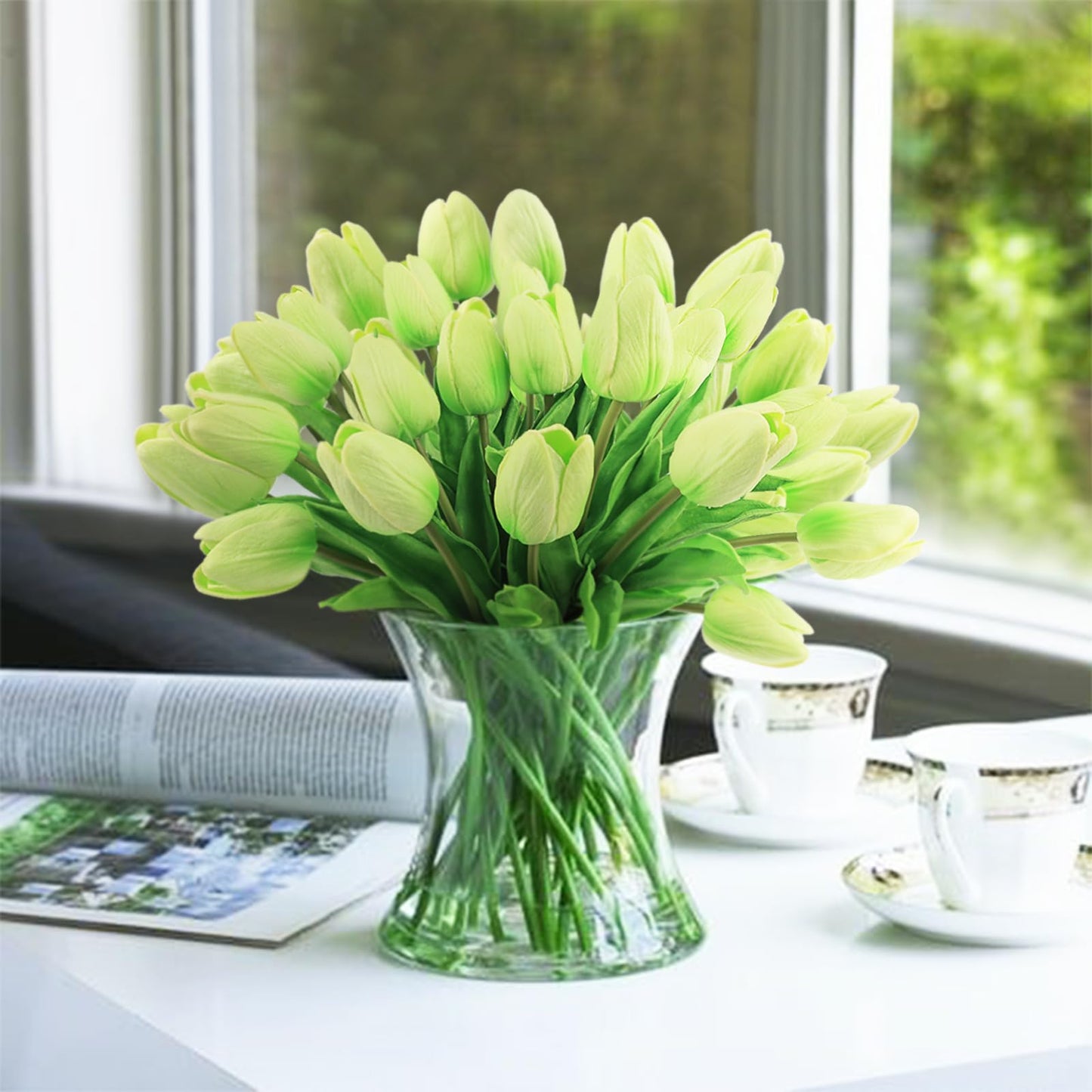 Beferr White Tulips Artificial Flowers 18Pcs Faux Silk Tulip Real Touch Tulip Fake Flowers Bouquets Arrangements for Mother's Day Easter Spring Flowers Gifts Home Table Decor