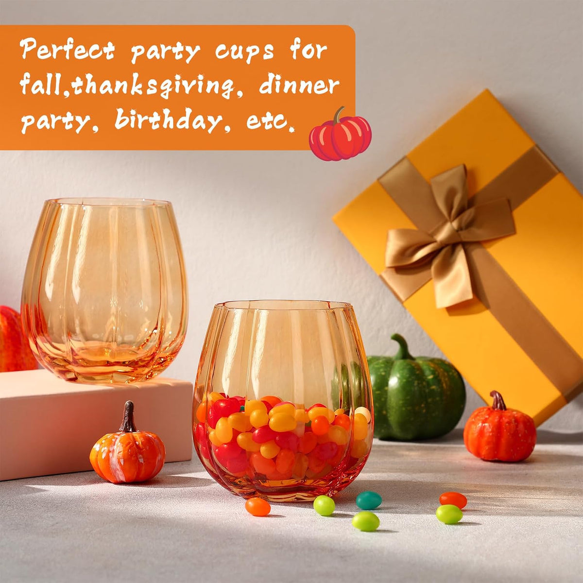 2 Pcs Fall Pumpkin Wine Glasses Stemless Glass Cups