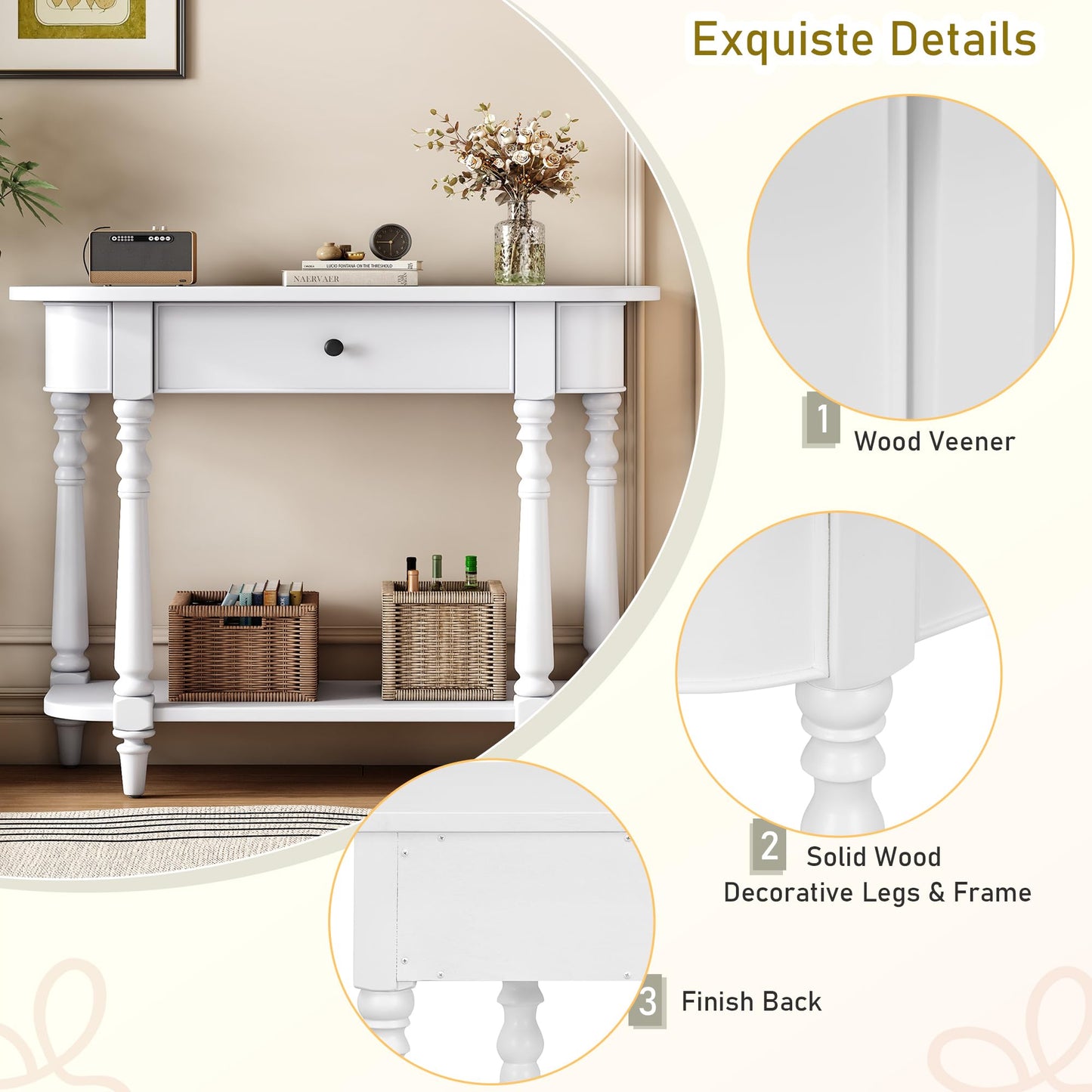 36-Inch Retro Console Sofa Table with Drawer & Storage Shelf