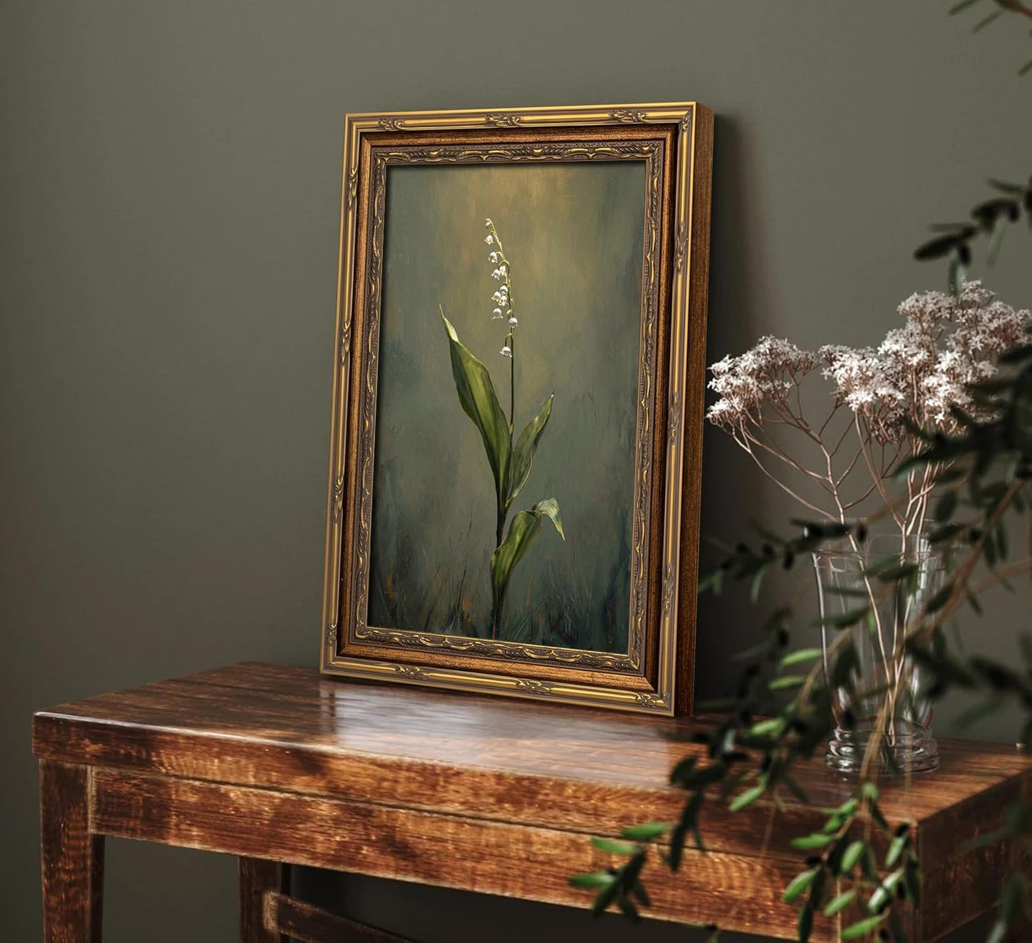 Vintage Gold Framed Moody Flower Canvas Wall Art
