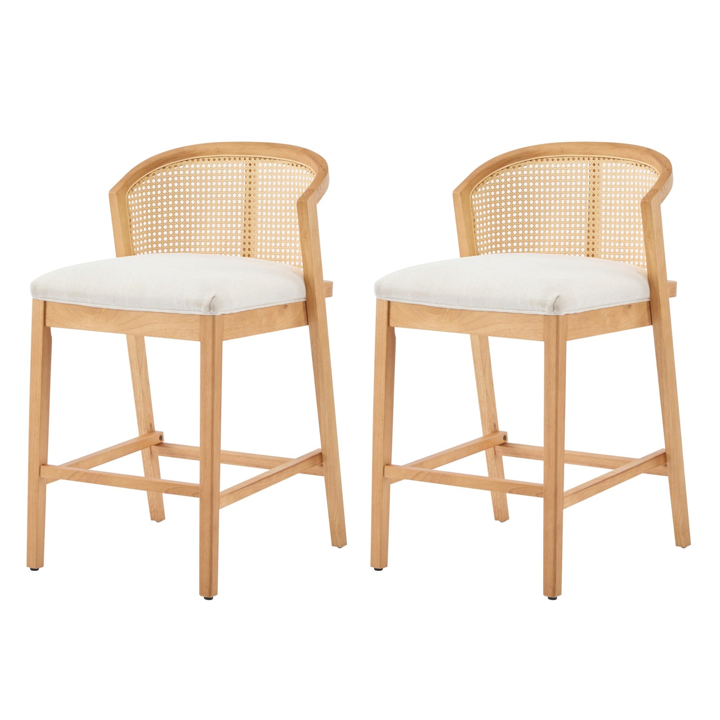 Christopher Knight Home JENA Rattan Counter Stools Set of 2, Counter Height Bar Stools for Bar Table, Rubberwood Frame with Upholstered Barstools, Wood Accent Chair with Footrest, Beige + Walnut
