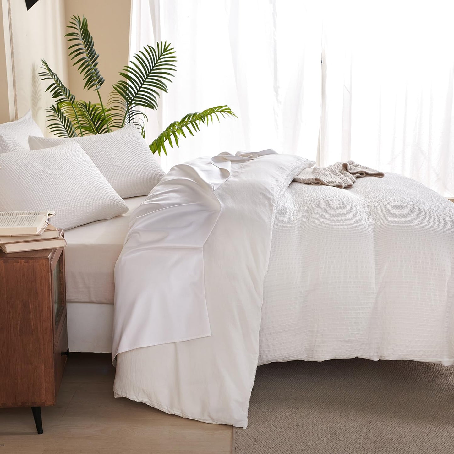 Striped Duvet Cover Queen Beige Washed Microfiber Jacquard 3 Pieces Bedding Set, White Beige Vertical Ticking Stripes Pattern Comforter Cover with Zipper Closure Breathable Durable Soft Comfy
