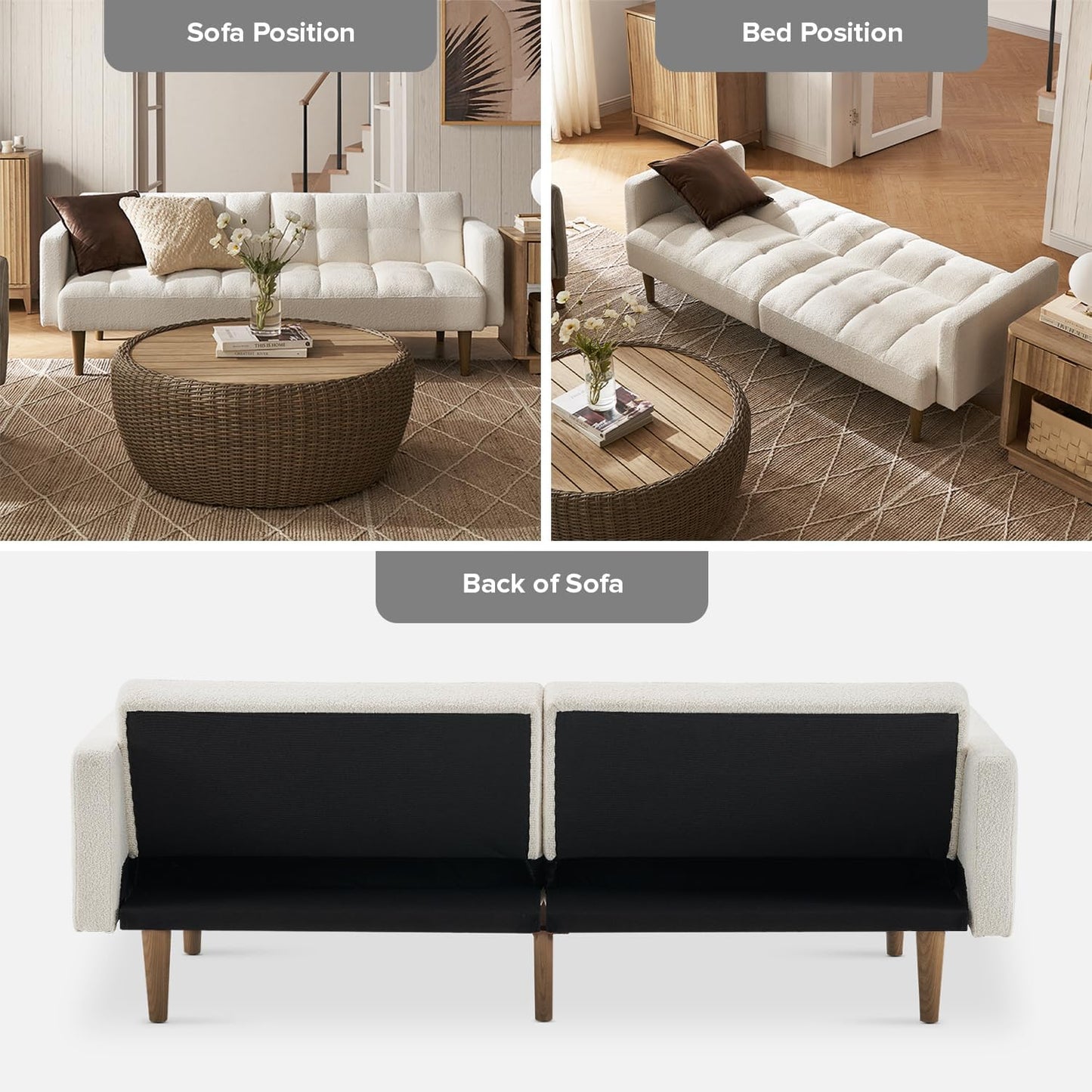 Futon Sofa Sleeper Couch (Pearl White Boucle)