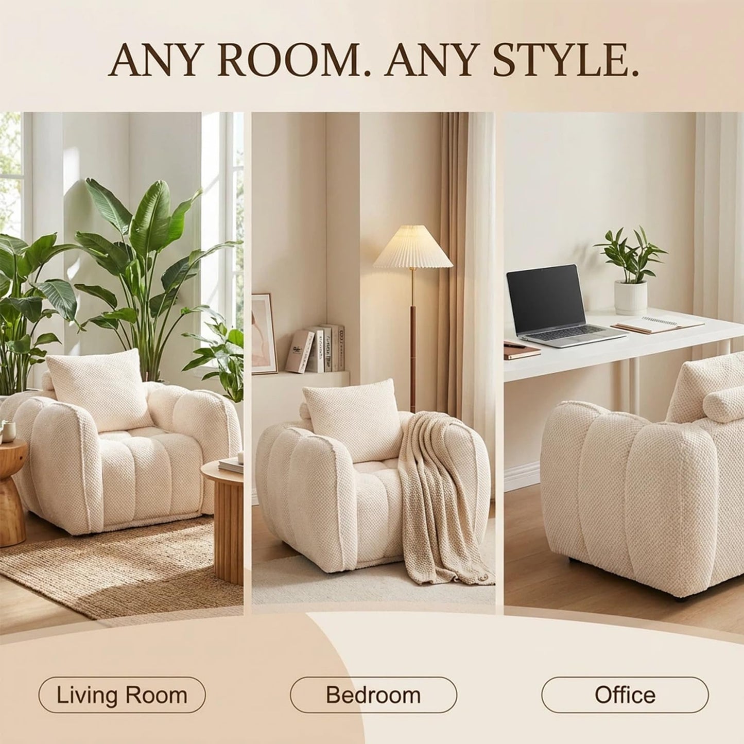 Furnimart Pumpkin Single Sofa, Oversized Could Comfy Accent Chair, Foam Boneless Chair Wide Seat, Modern Small Couch for Living Room, Bedroom, Assemble Free(Beige)