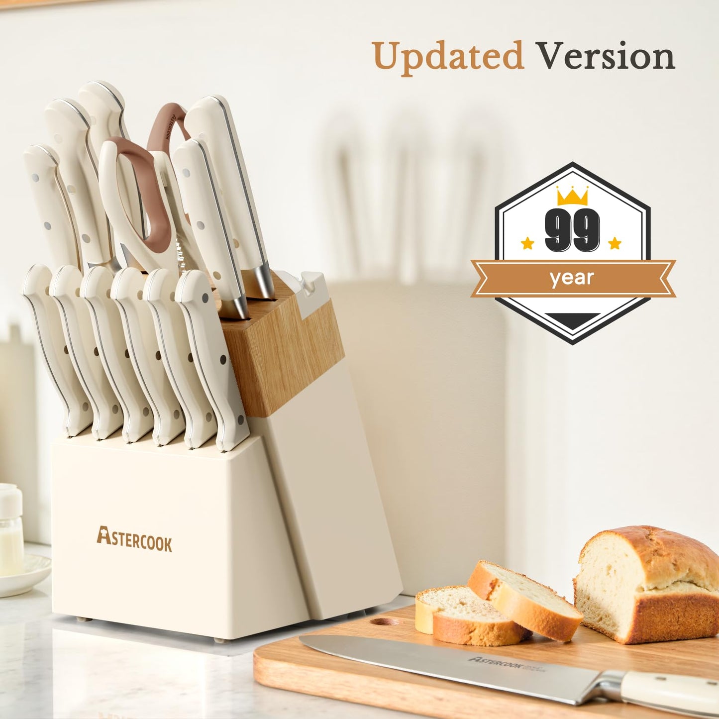 Knife Set,Astercook Kitchen Knife Set with Block 22-Piece Full Tang Stainless Steel Knives with Sharpener Dishwasher Safe and Anti-Slip Ergonomic Handle Elegant Cream White Utensils Set